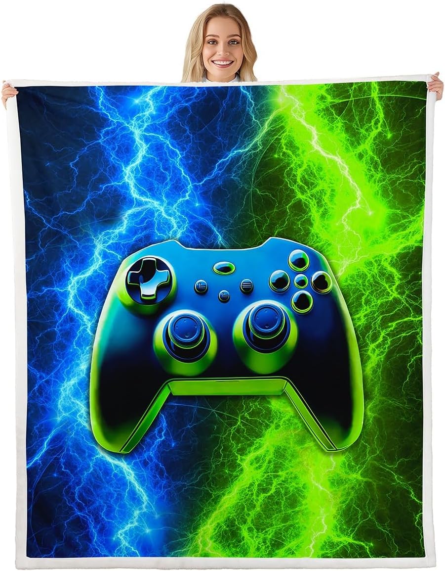 Manfei Modern Gamer Throw Blanket Blue-Green Lightnings Gamepad Blanket for Couch Sofa, Video Games Bed Blanket for Kids Boys Room Decor, Soft and Breathable Fleece Blanket(60 x 80 Inches)