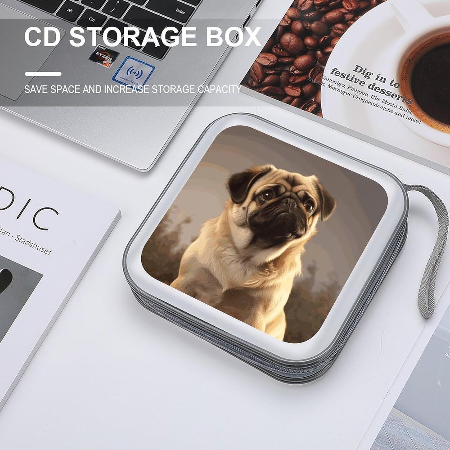 Cute Pug Dog CD Case 40 Capacity Case Zipper CD Collection Bag with Handles Cover DVD Storage Hard Plastic DVD Disc Cases Storage Binder for Car Home Office Travel
