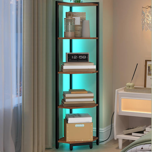 Corner Shelf with LED Light, 5-Tier Corner Bookshelf, Tall Narrow Display Bookcase with Metal Frame, Standing Shelf for Small Space, Living Room, Home Office, Bedroom, Rustic Brown CS66501B