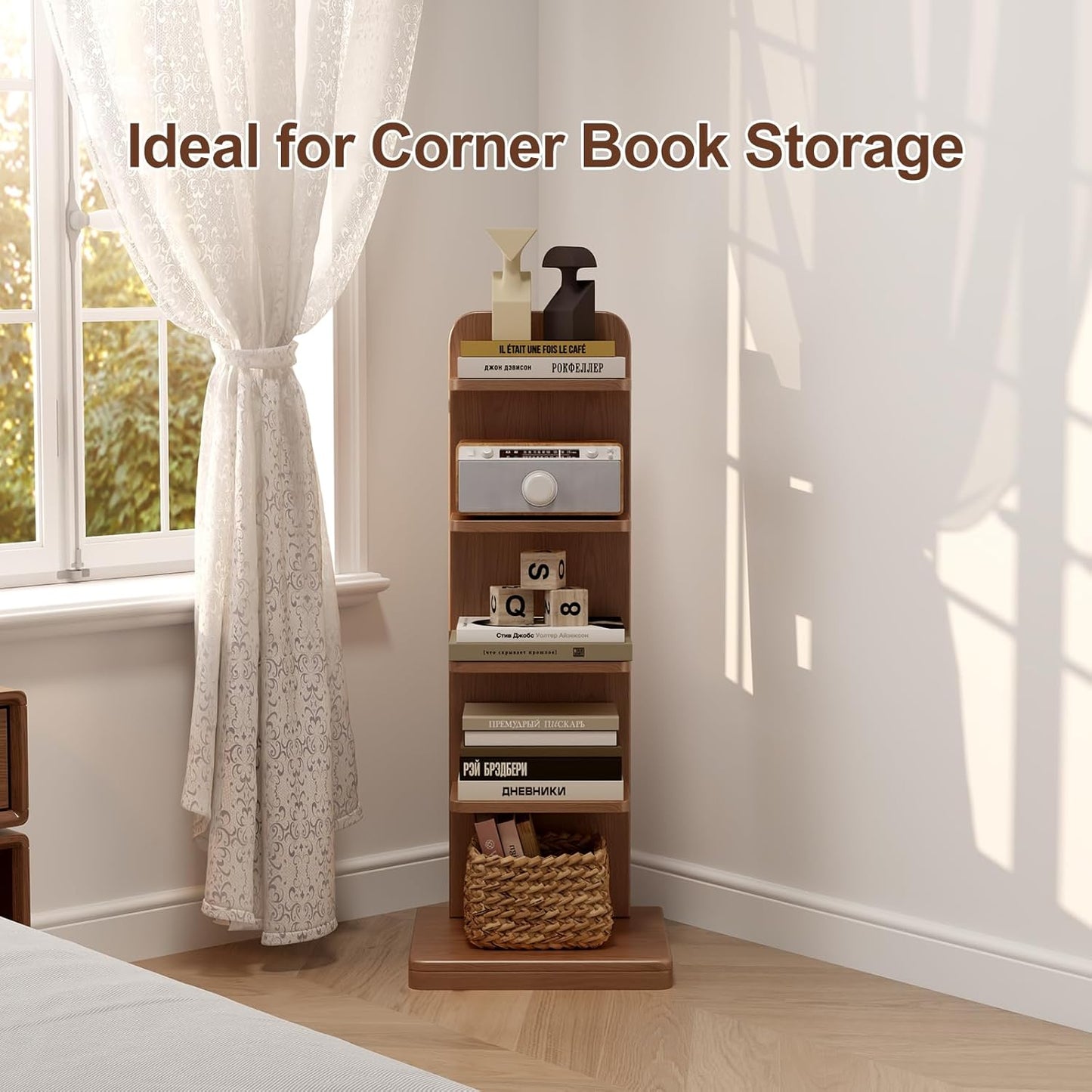 WoodsWhisper Narrow Bookshelf Ladder Bookshelf 5 Shelf Bookcase, Mid Century Modern Bookcase with Freestanding Display Shelves,Anti-tip Device and Thickened Base for Small Space,Living Room, Office