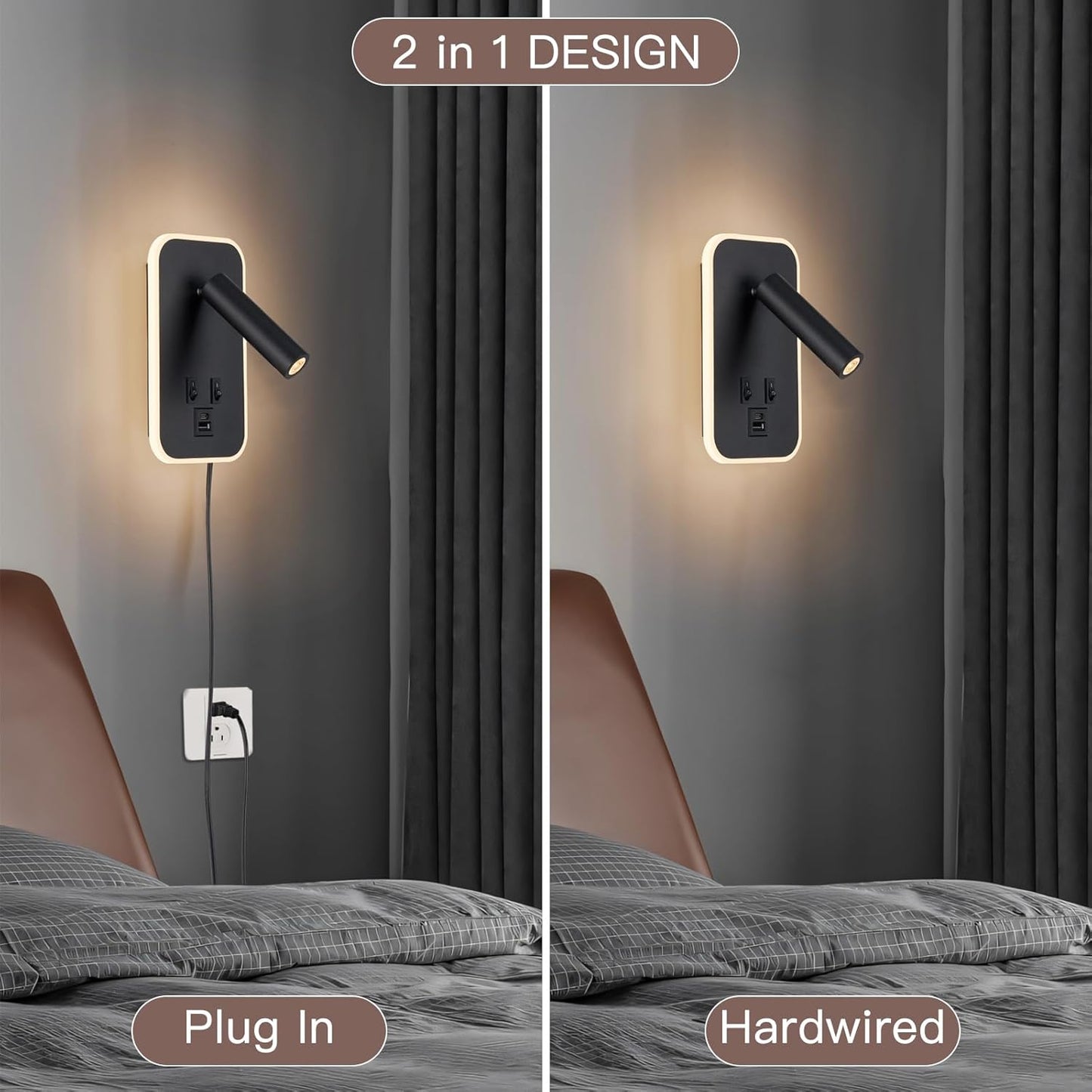 Headboard Reading Light, Bedside Lamp Plug in Hardwired 2 in 1 Wall Sconce Bedside Lamps USB C+A Ports, Adjustable Headboard Lights for Bedroom with 10W+3W Wall Mounted Reading 3000K (Black)