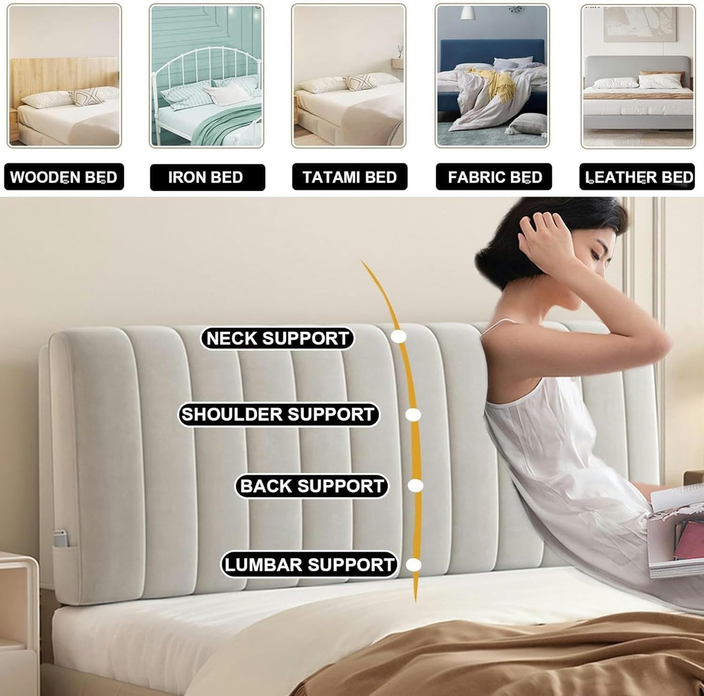 AMNOOL Rectangle Upholstered Headboard Cushion Reading Pillow Stripe Headboard Pillow Large Backrest Solid Color Bed Rest Pillowboard Daybed Bunk Bed Dorm Bolster
