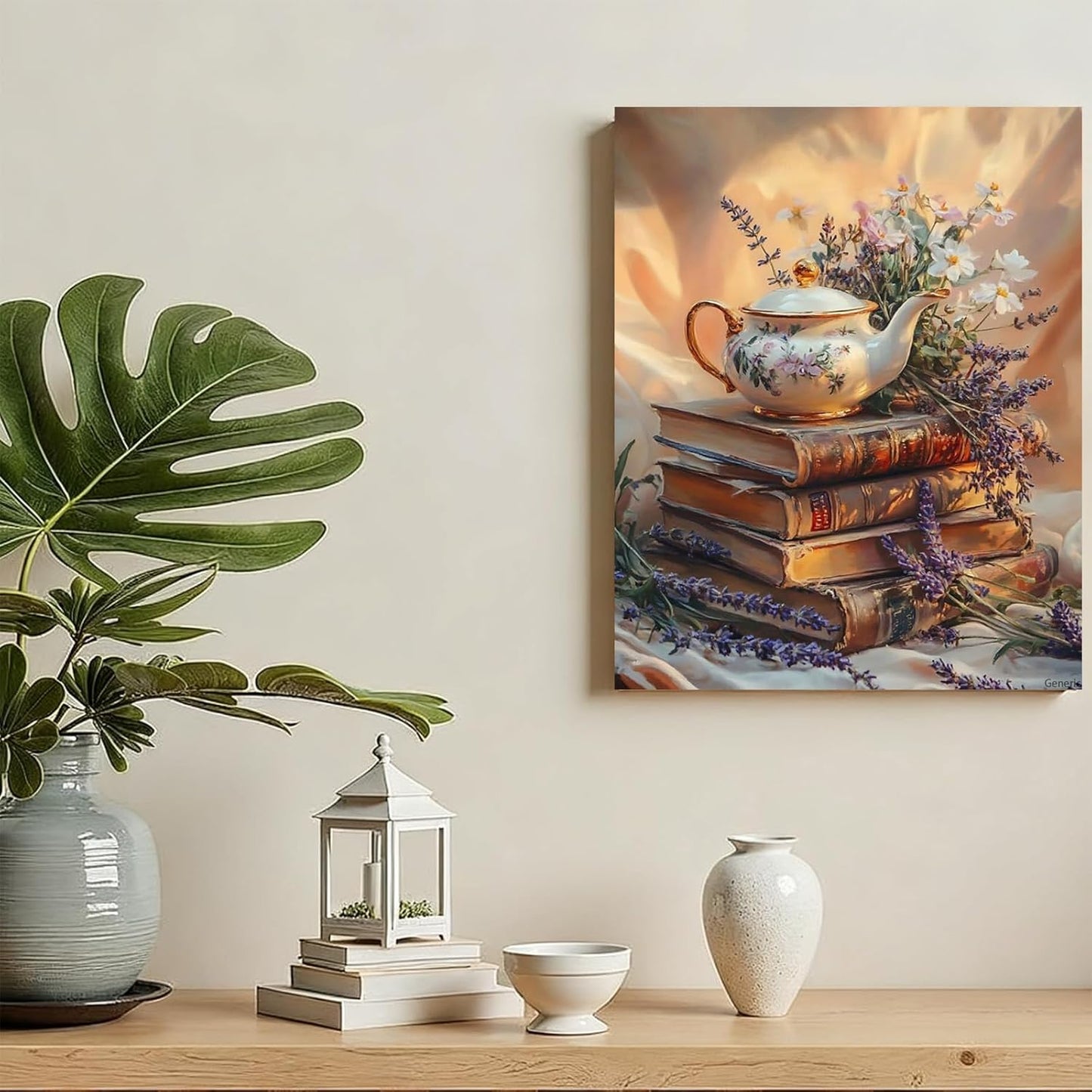 Pastel Floral Teapot and Books Canvas Print Vintage Reading Nook Wall Art Aesthetic Poster for Office Bedroom Living Room Gallery Wall Decor Framed 8x10inch