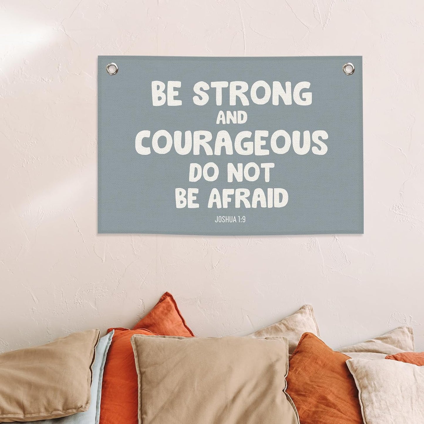 Blue Christian Kids Boys Banner Canvas, Bible Verse Be Strong Courageous Toddler Room Decor, Inspirational Hanging Flag Sign, Nursery Wall Tapestry Art for Playroom Bedroom Classroom 20x30in