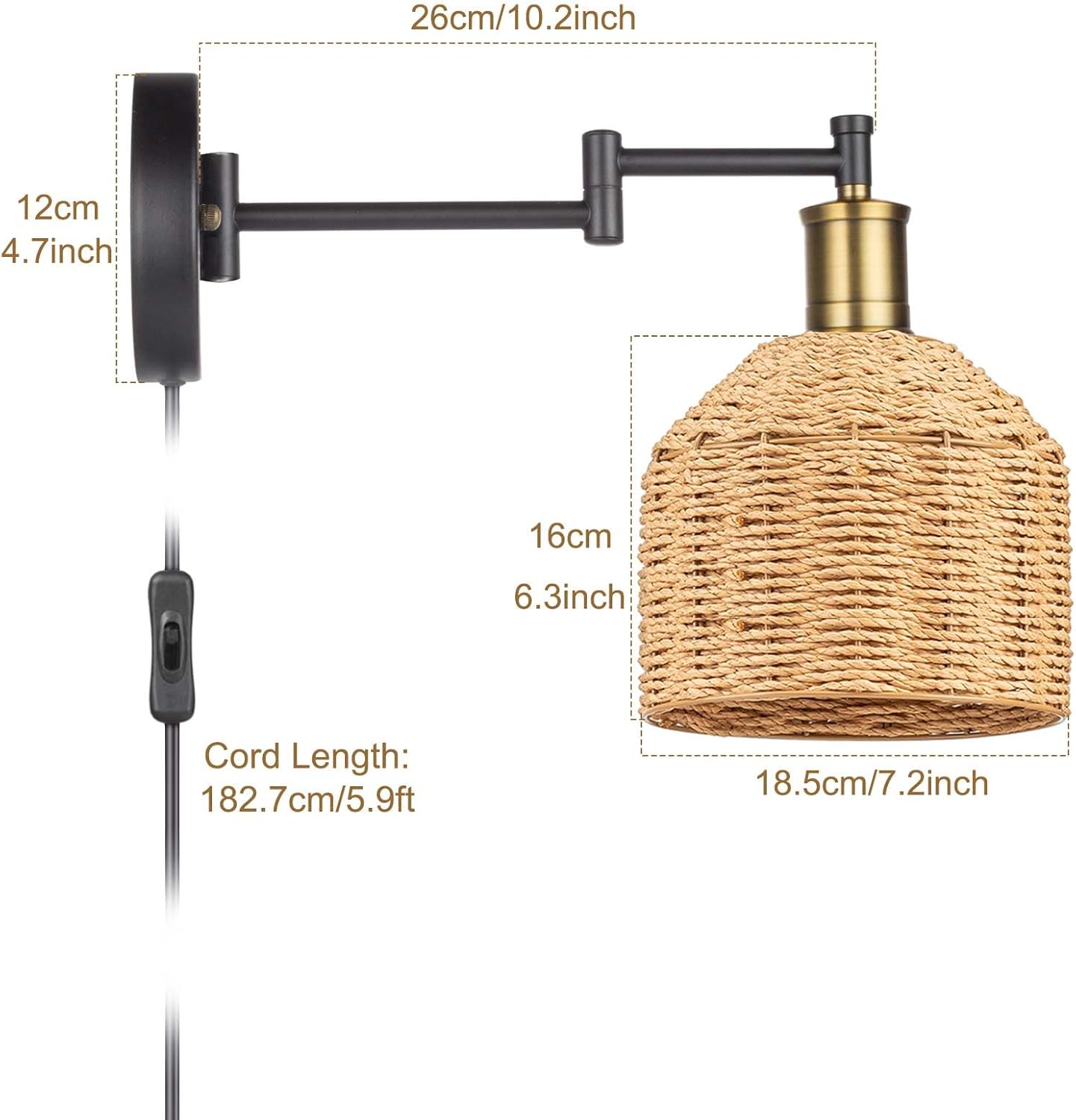 Plug in Wall Sconces, Swing Arm Wall Lamp with Natural Paper String Lampshade Set of 2, Bronze Head, Vintage Adjustable Wall Mounted Sconce Wall Light Fixture for Bedroom,Bedside,Kitchen,Living Room