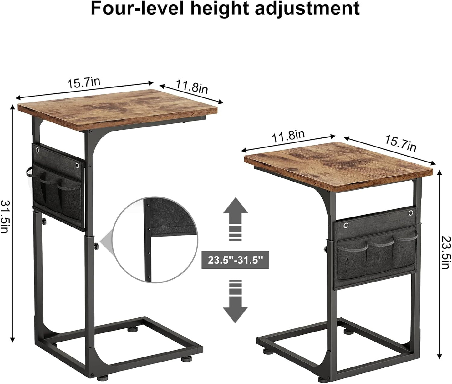 Fixwal C Shaped End Table Adjustable Height Side Table for Couch, TV Tray with Storage Bag Slide Under Sofa Small Tables for Living Room, Bedroom & Office, Rustic Brown