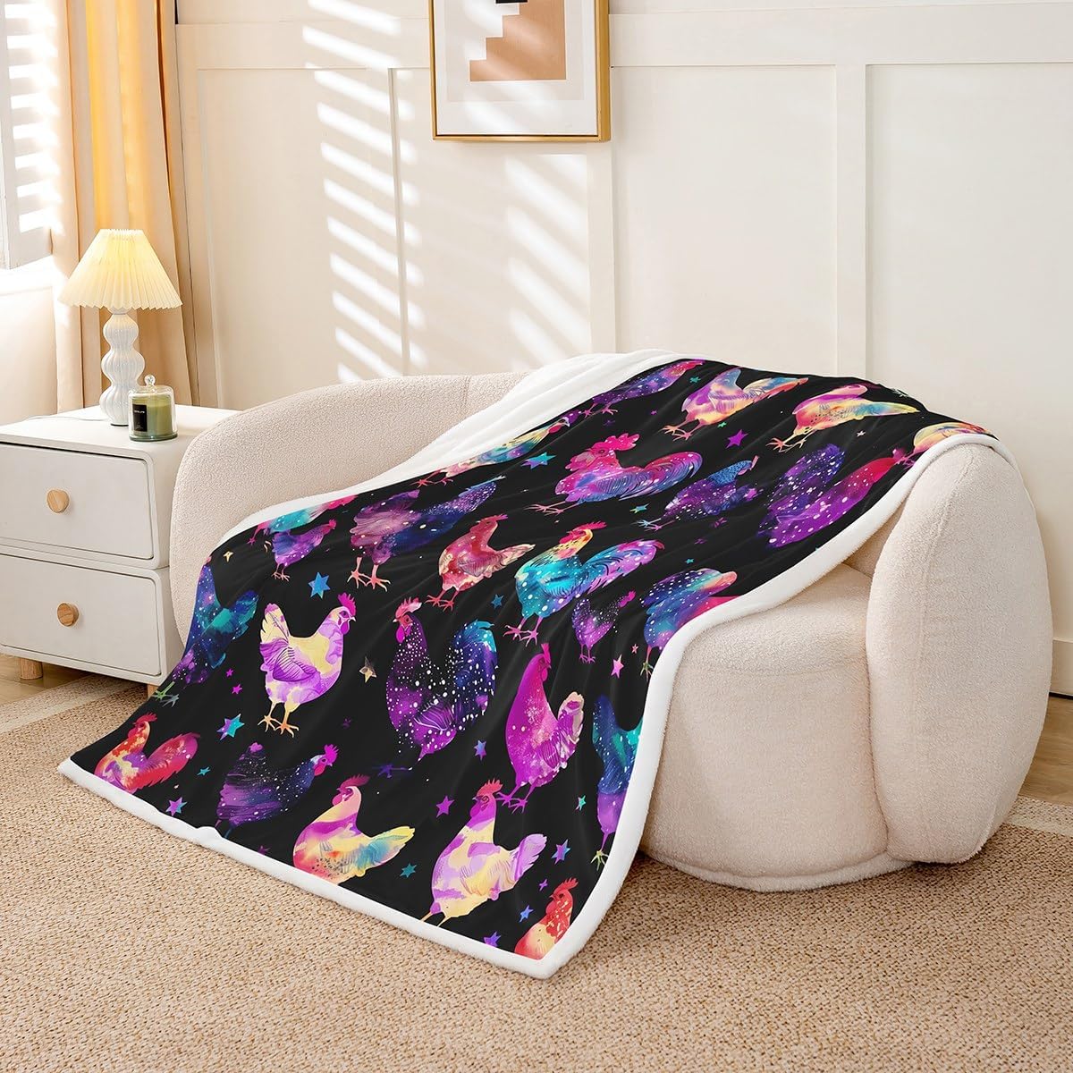 Erosebridal Rainbow Chicken Blanket Throw 50x60,Rustic Farm Animal Throw Blanket for Kids Boys Girls,Neon Ombre Rooster Fuzzy Fleece Blankets