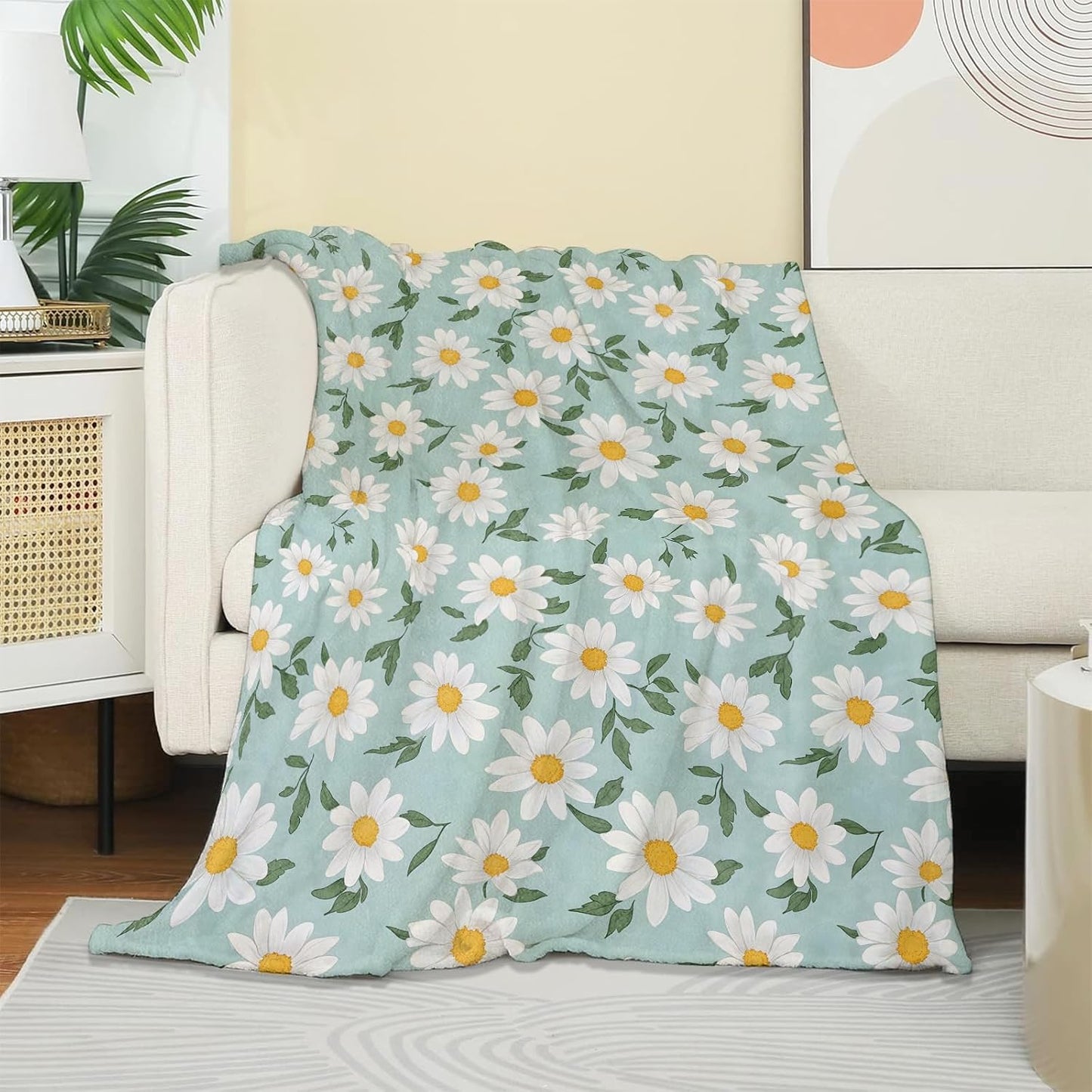 Aesthetic Daisy Floral Blanket, Soft Cozy Warm Throw Blanket Gifts for Adults Kids Women, Lightweight Fuzzy Comfy Flannel Blankets for Couch, Travel, Car, House Decor 60×50 Inch