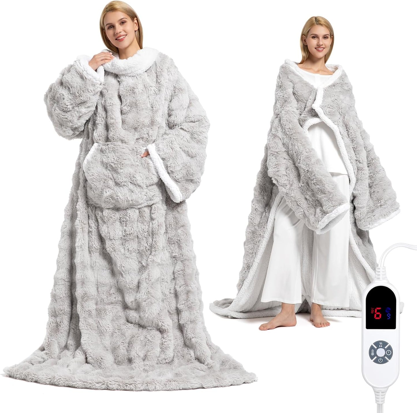 Wearable Heated Blanket, Luxury Faux Fur & Sherpa Electric Throw Blanket with Sleeves, Foot Pockets, Heated Robe for Women Men Gift, 3 Heat Levels & 12H Timer, ETL & FCC Certified, 52"x 72" Light Grey