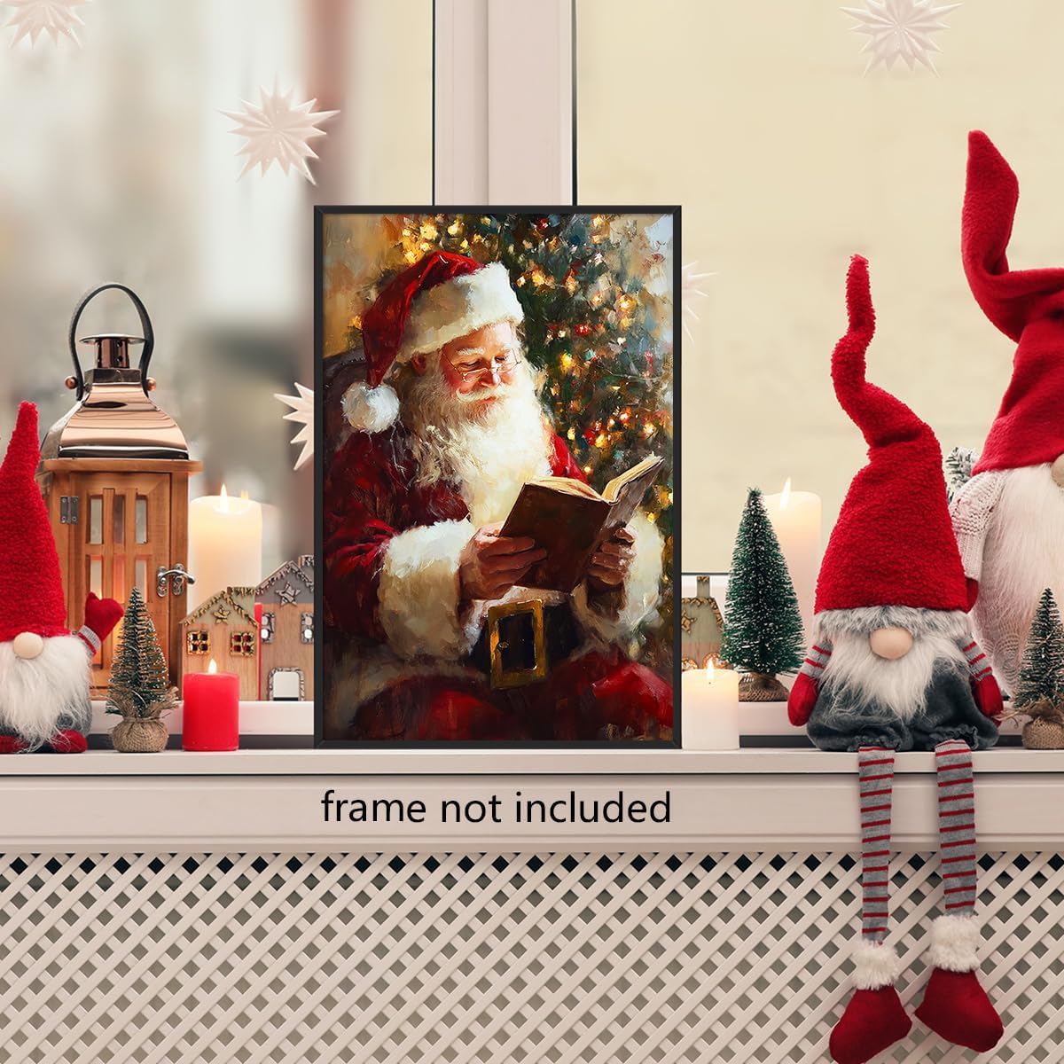 Vintage Christmas Canvas Wall Art, Santa Antique Oil Painting, Santa Claus Reading Booking Poster, Merry Christmas Poster Hobby Lobby Santa Picture, Xmas Wall Decorations Gifts 12x16in Unframed