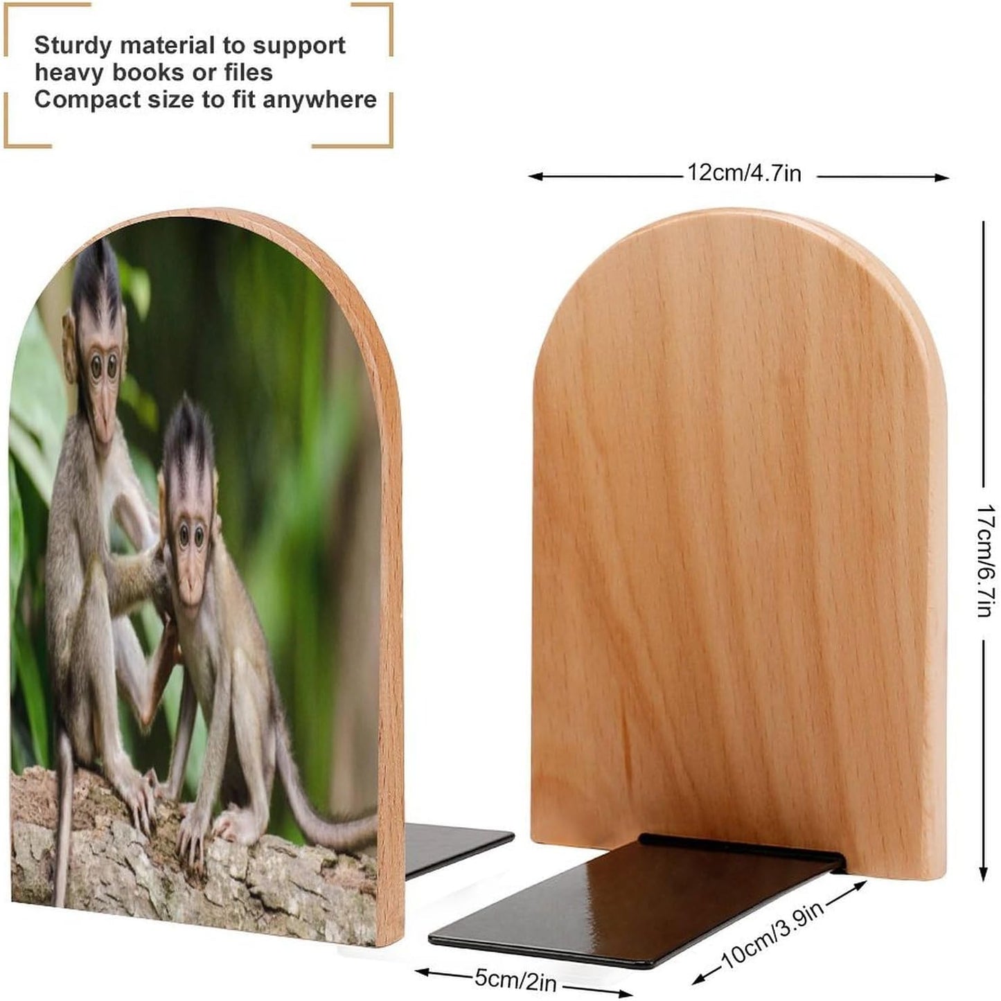 Cute Little Monkeys Wooden Bookend Non-Slip Book Ends Heavy Duty Book Stopper with Metal Base Books Holderd Decorative Bookends Stands Firmly for Office Supplies