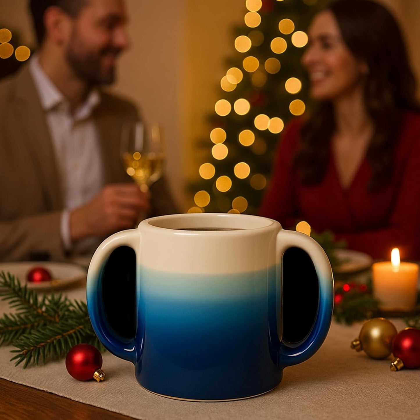 Double Hand Warmer Mug , Handmade Pottery - HandWarmer Contoured Pockets Both Hands will Hold Warmth From The Heat Of Your Drink To Keep Your Fingers Warm, Comfy Blue - Winter Stocking Stuffer Gift