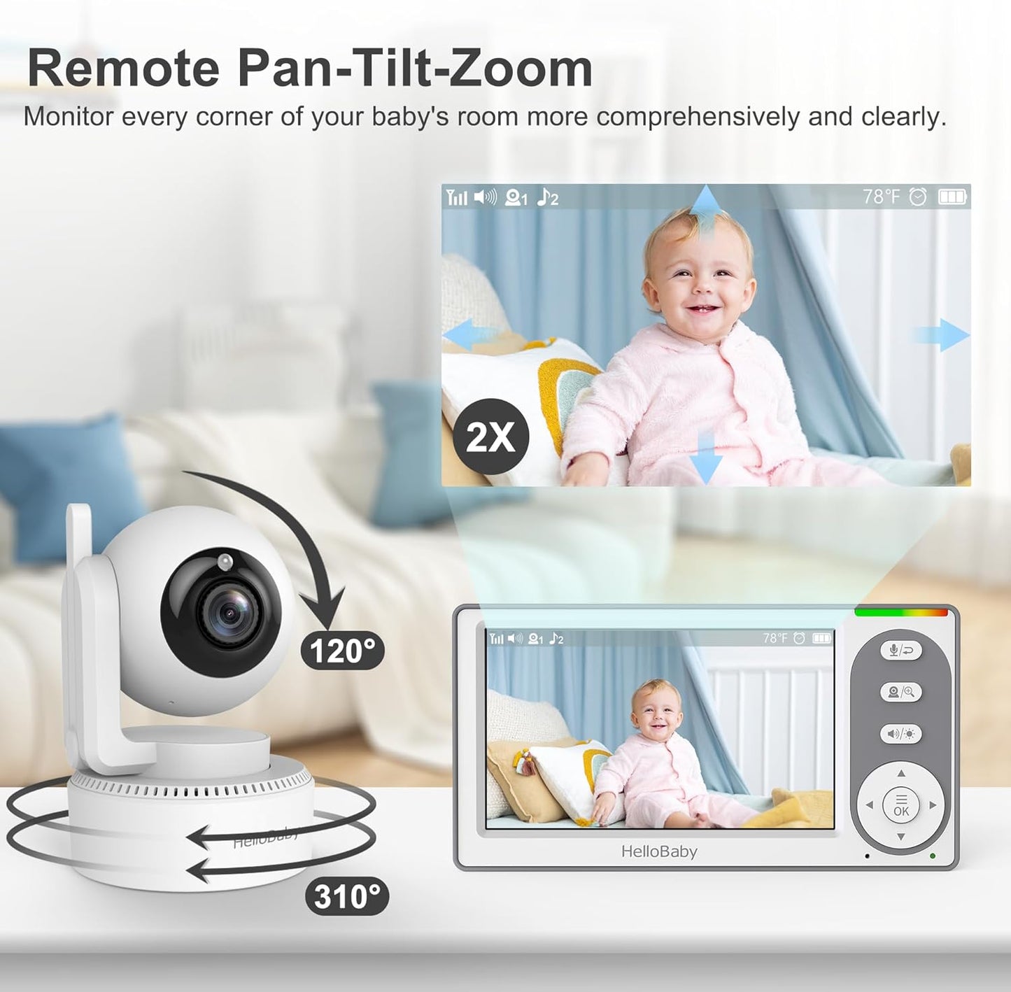 HelloBaby 4.3'' Video Baby Monitor with 30 Hours Battery, Remote Pan-Tilt-Zoom Baby Monitor No WiFi, Baby Monitor with Camera and Audio, Night Vision, ECO Mode, Two-way Talk, 8 Lullabies, 1000ft Range