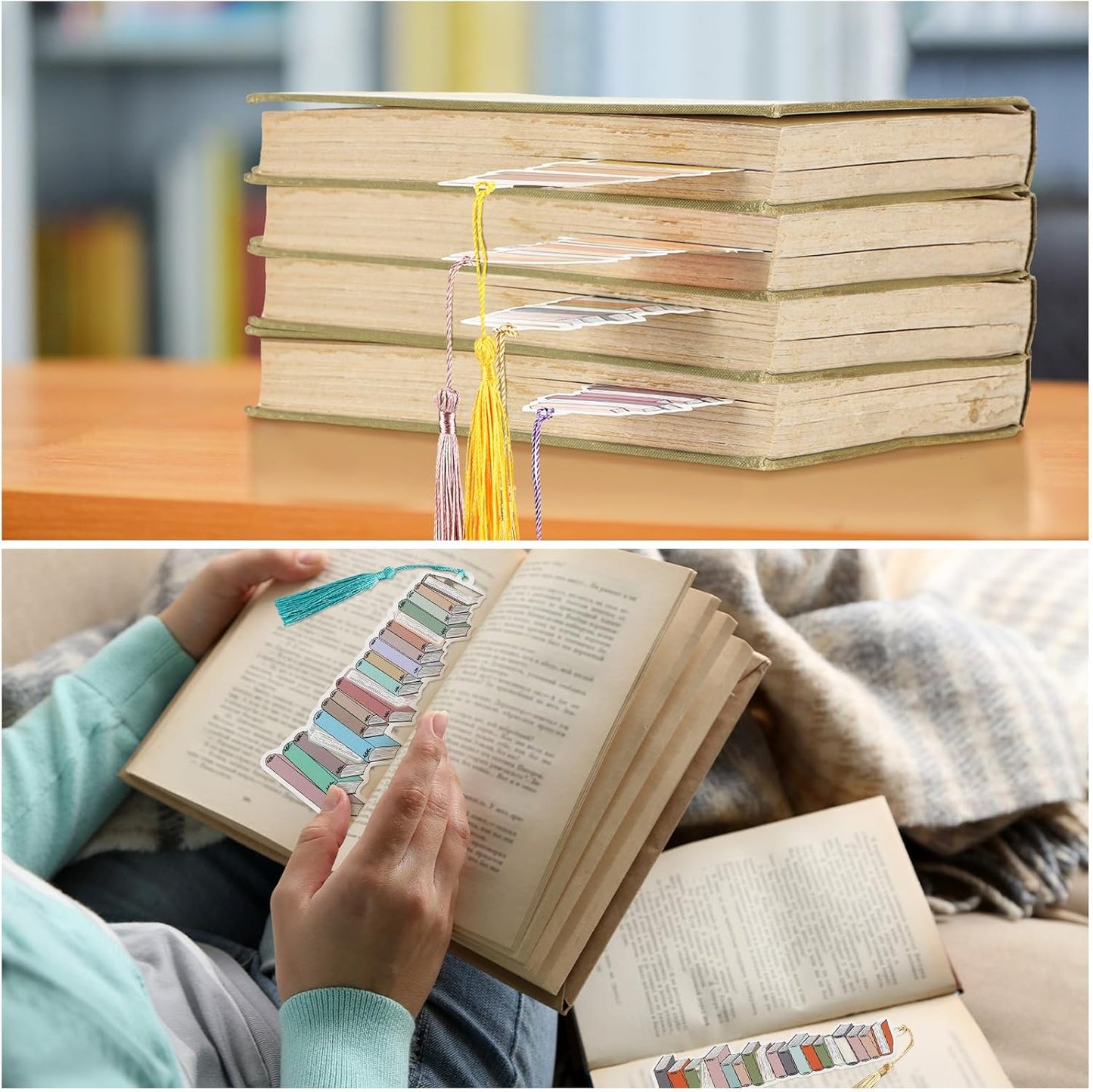 50 Pcs Book Tracker Bookmarks 6. 3 x 2. 2 Inch Bookshelf Design Page Markers Bookmarks with Tassel Book Lovers Gift Double Sided Cute Tracker for Back to School Supplies Gift Reading Salon Favors