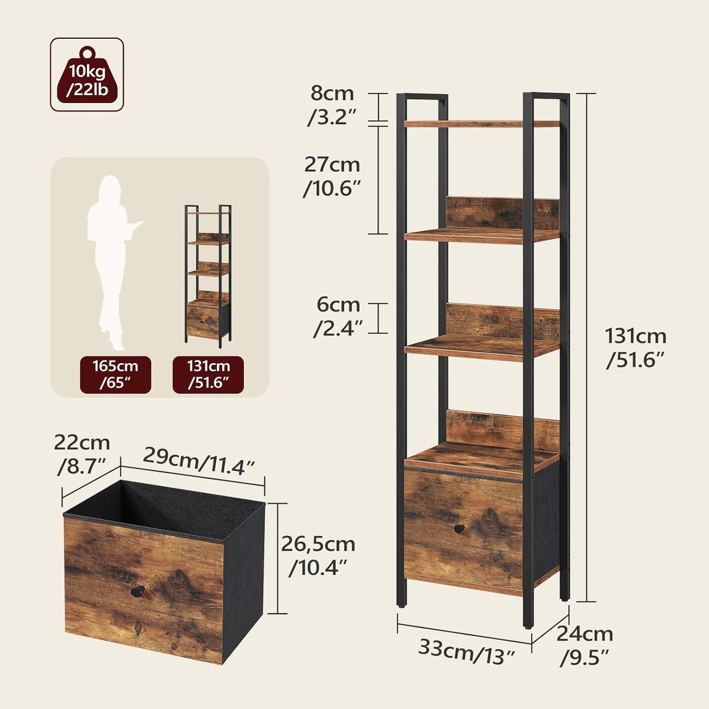 Bookshelf, 5-Tier Bookcase with Drawer, Small Book Shelf for Small Space, Storage Shelf Organizer, for Living Room, Bedroom, Study, Kitchen, Rustic Brown and Black BKHR55101