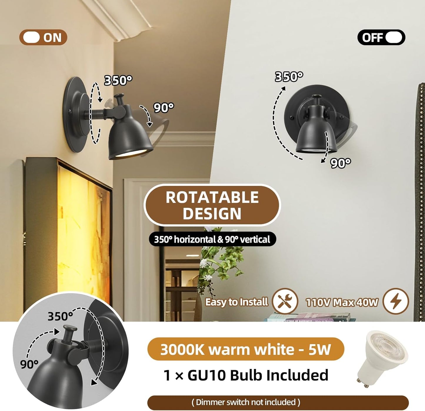 Black Small Wall Sconce Hardwired Single - Brass Matte Dimmable Indoor Bell Light Fixture for Bathroom Vanity Bedroom Bedside Reading Hallway Living Room Kitchen Gallery Hall Picture Lamp