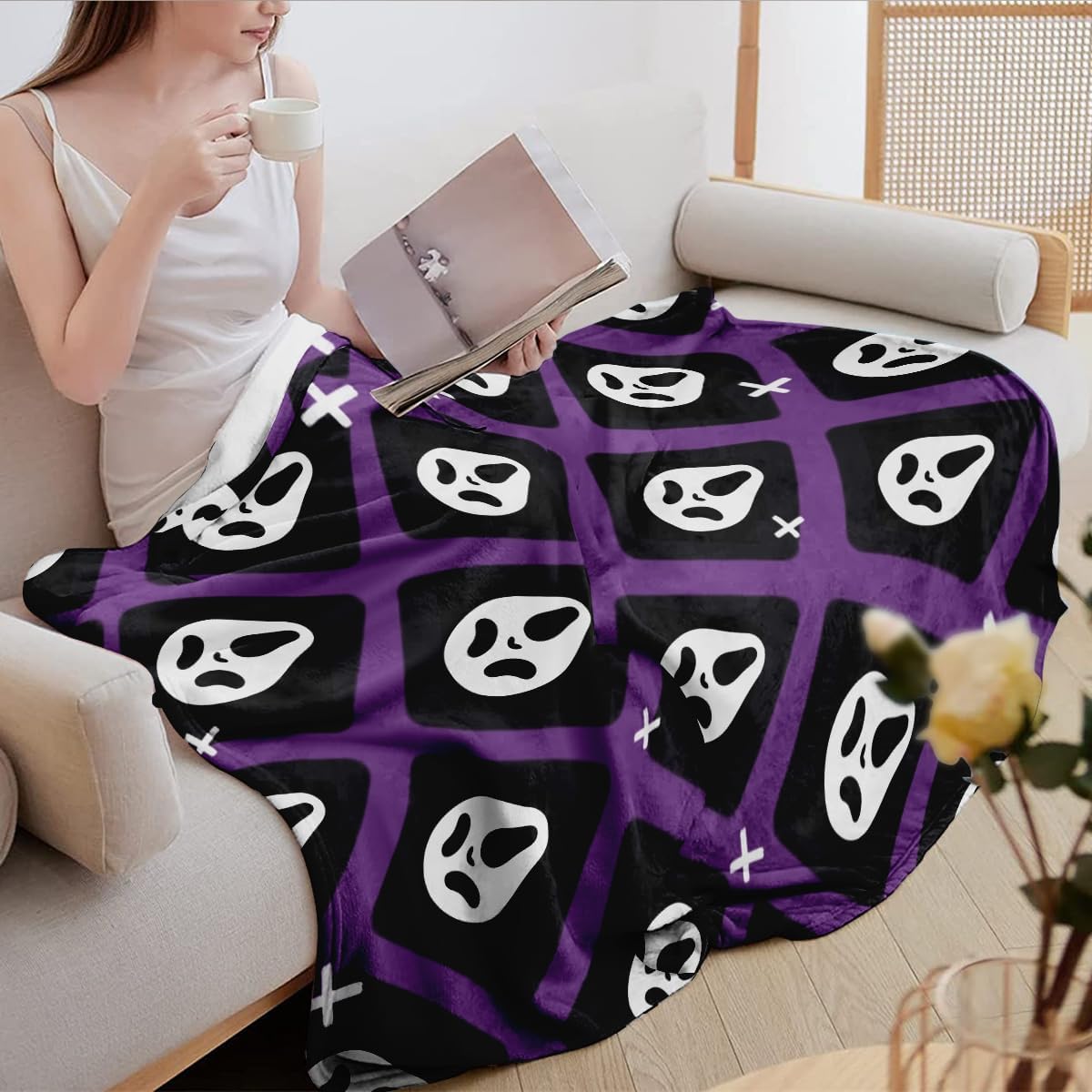 Spooky Face Throw Blanket, Purple and Black, Halloween Ghost Blankets Fuzzy Gifts for Sofa Couch Bedroom (60 x 80 inch)