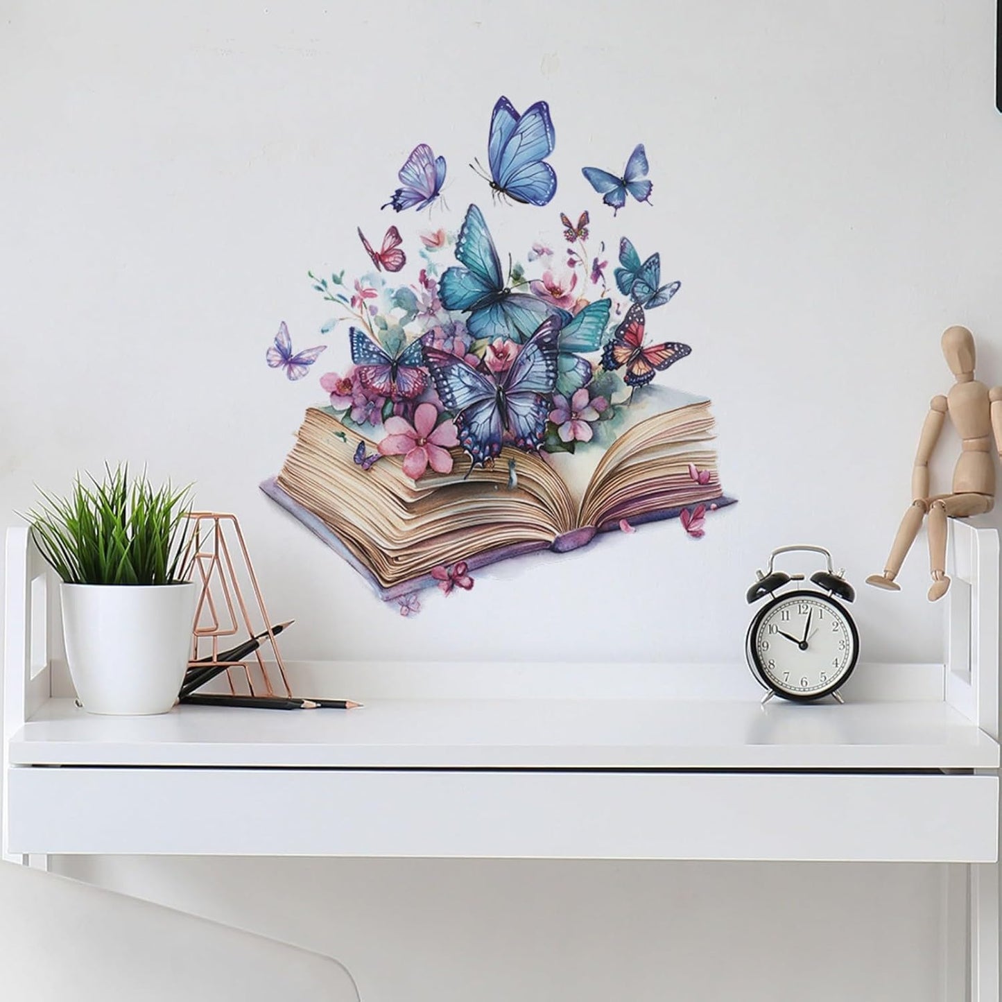 Magic Book Wall Decals Colorful Flower Butterfly Wall Stickers, Purple Butterflies Decoration for Girls & Boys Bedroom Removable Vinyl Peel and Stick for Living Room, Bathroom, Library