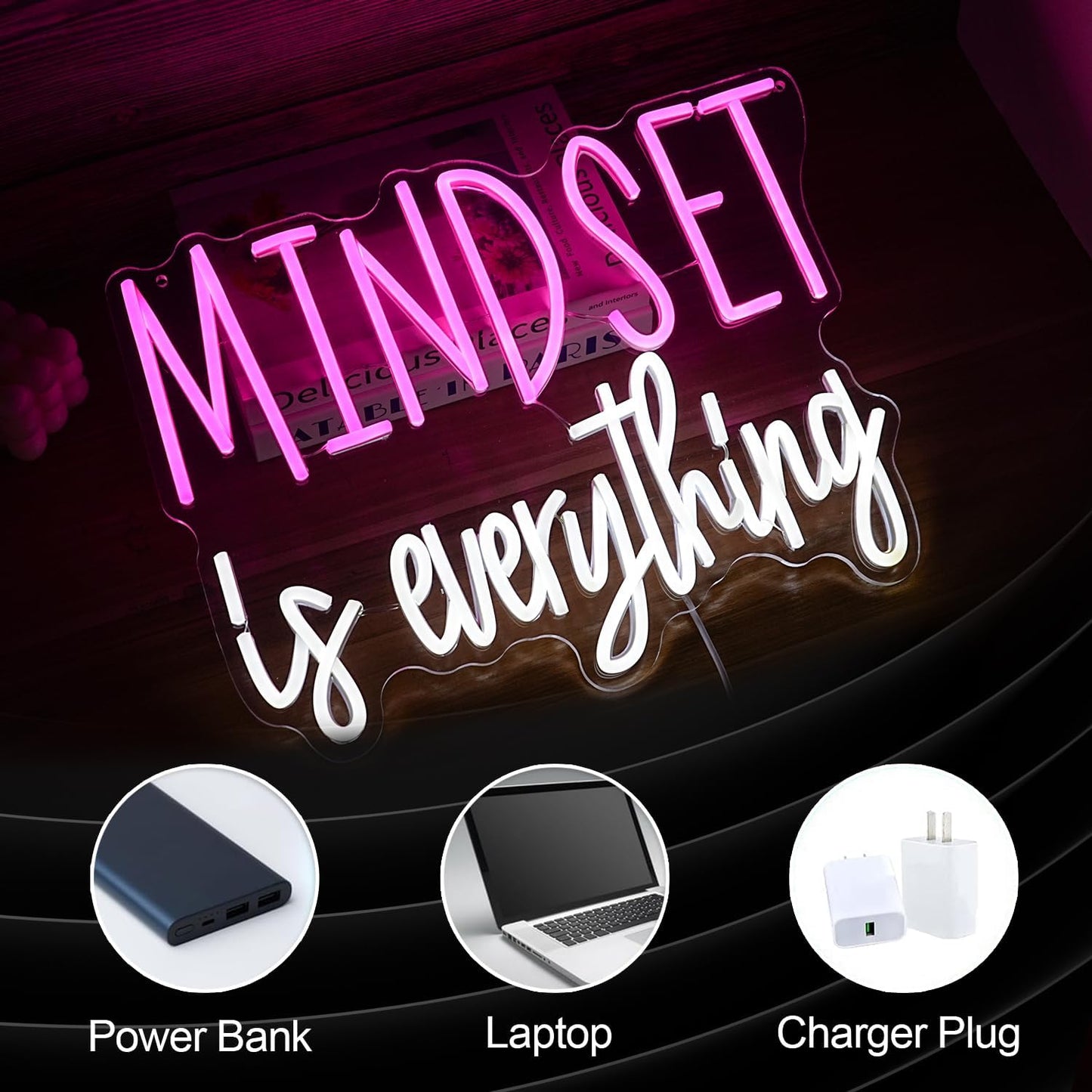 Mindset is Everything Neon Sign Dimmable Inspirational LED Light Up Sign for Wall Decor USB Powered Positive Quotes Motivational Neon Light for Office School Home Led Decor (Pink White)
