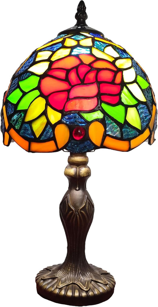 Tiffany Table Lamp Red Heart Rose Flower Stained Glass Lamp 3-Way Decorate Reading Light for Home Living Room Nightstand Bedroom Office Include Light Bulb
