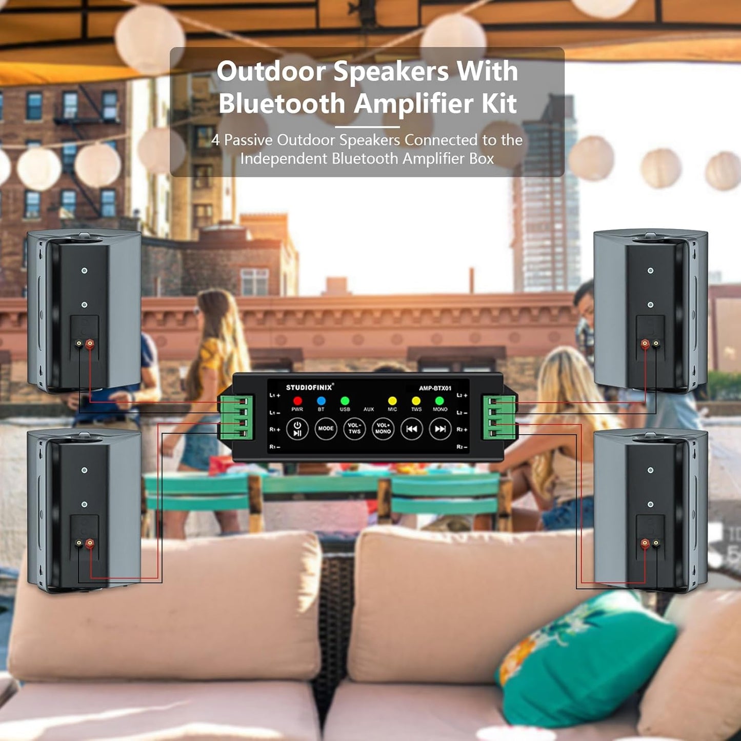 STUDIOFINIX 800W 6.5 Inch Outdoor Bluetooth Speakers Waterproof Wired with Multifunctional Amplifier Wall Mount Weatherproof Loudspeaker System for Patio Garden Poolside Home(4 Speakers,Black)