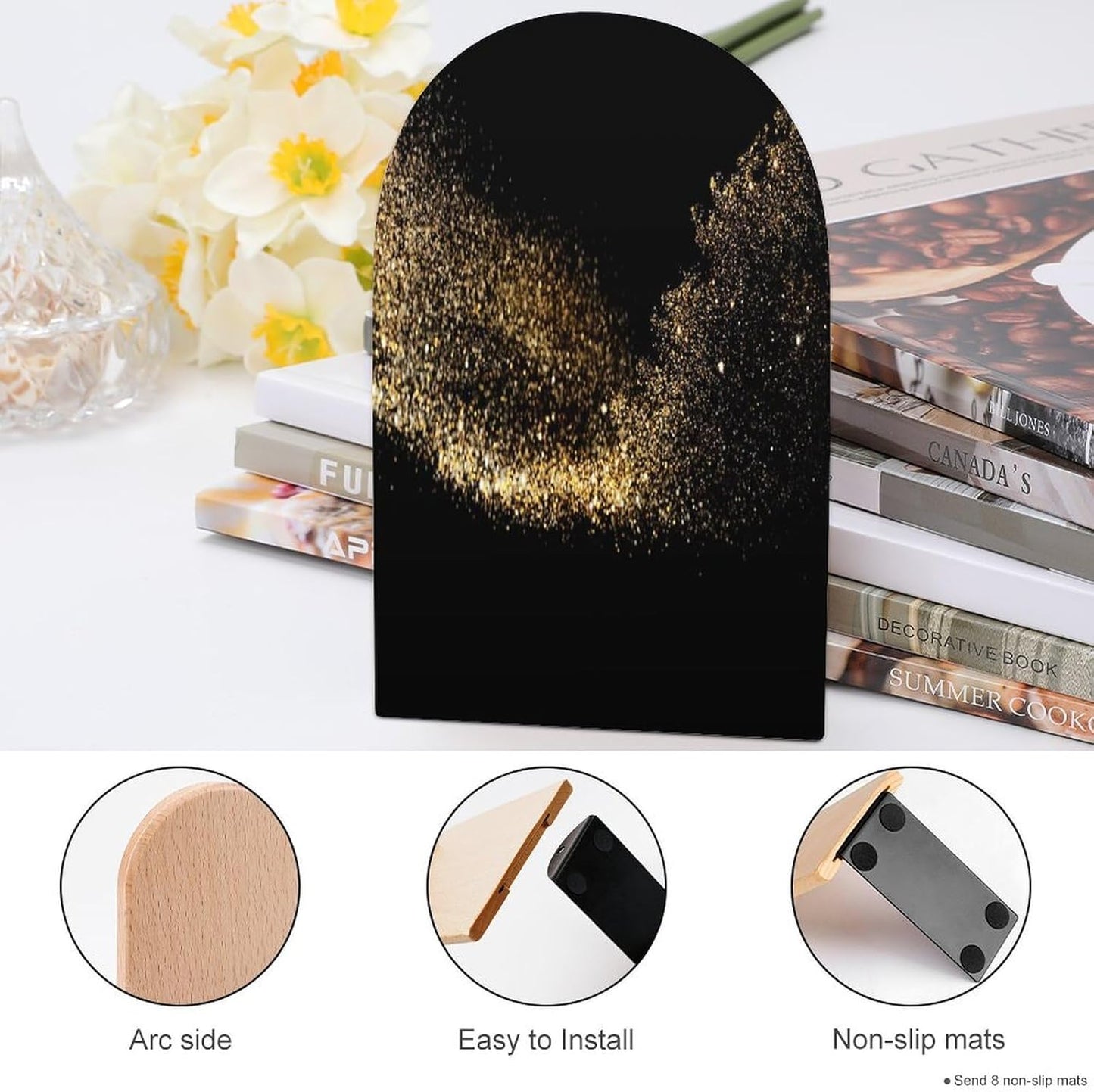 Gold Black Sand Wooden Bookend Non-Slip Book Ends Heavy Duty Book Stopper with Metal Base Books Holderd Decorative Bookends Stands Firmly for Office Supplies