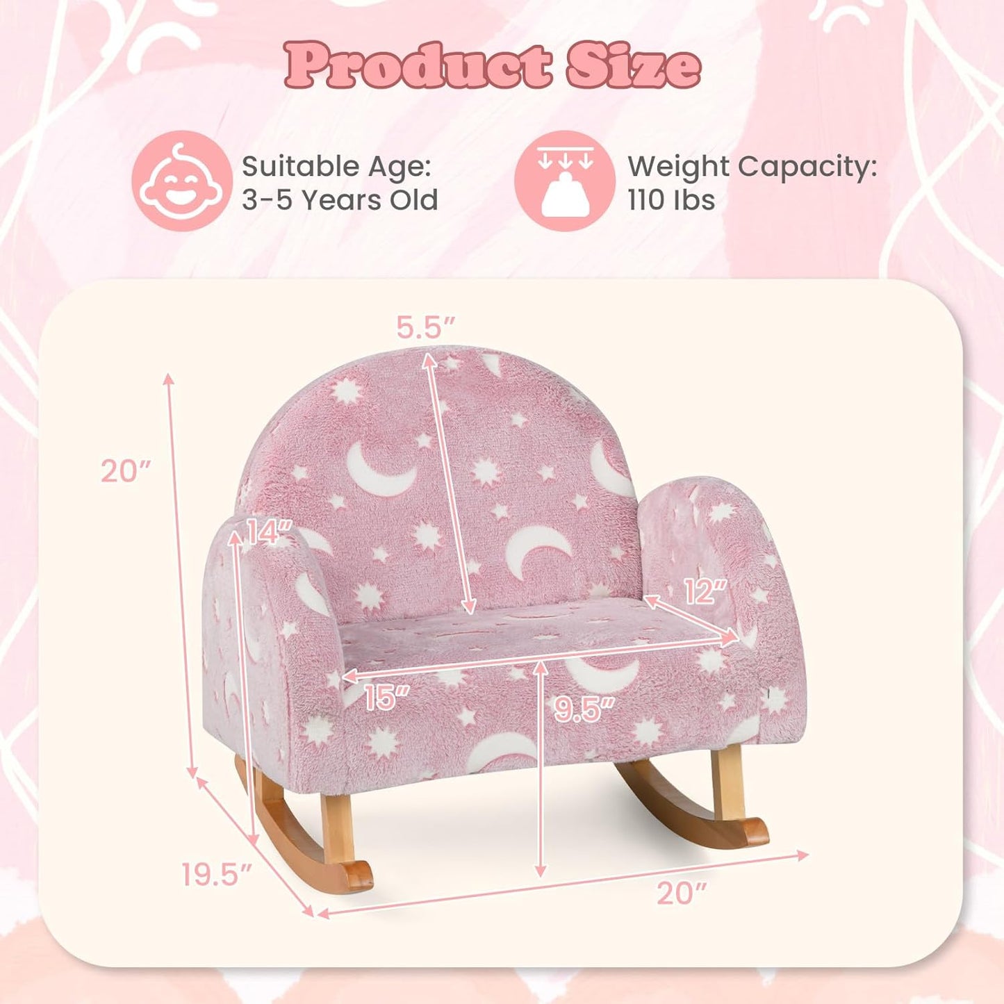 INFANS Kids Sofa with Glow in The Dark, Toddler Rocking Chair with Solid Wooden Frame Anti-Tipping, Upholstered Comfy Foam Children Chair for Kindergarten Playroom Preschool, Gift for Boys Girls