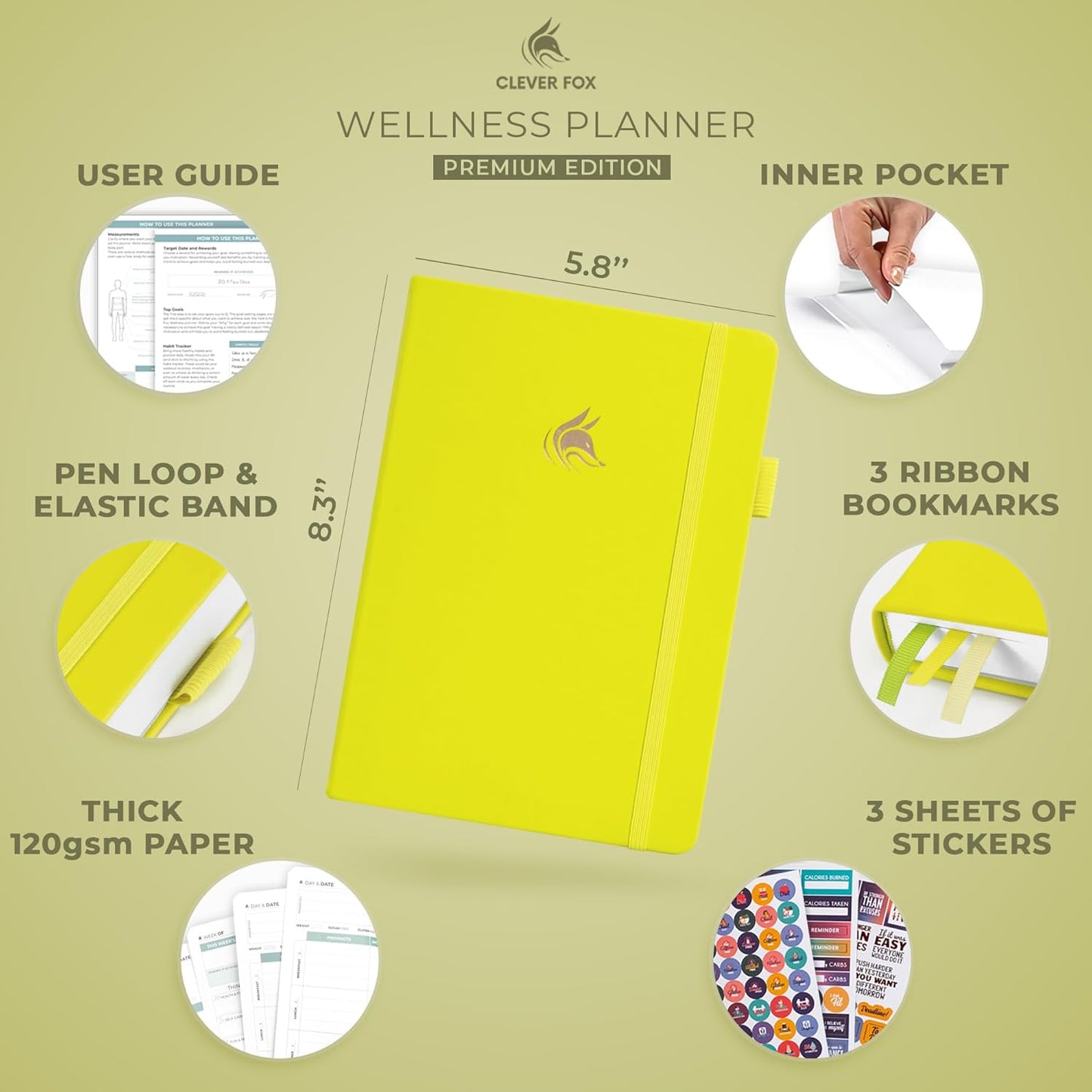 Clever Fox Wellness Planner - Weekly & Daily Health and Wellness Log, Food Journal & Meal Planner Diary for Calorie Counting, Notebook for Medical Condition Tracking, A5-Sized - Neon Yellow