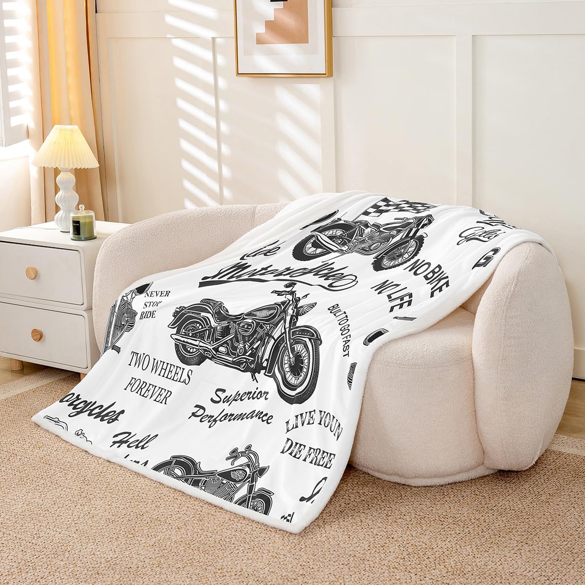 Feelyou Vintage Motorcycle Sherpa Blanket Boys Motocross Extreme Sports Fleece Throw Blanket Racing Dirt Bike 3D Motorbike Print for Sofa Bed Couch Queen 90x90 Inch