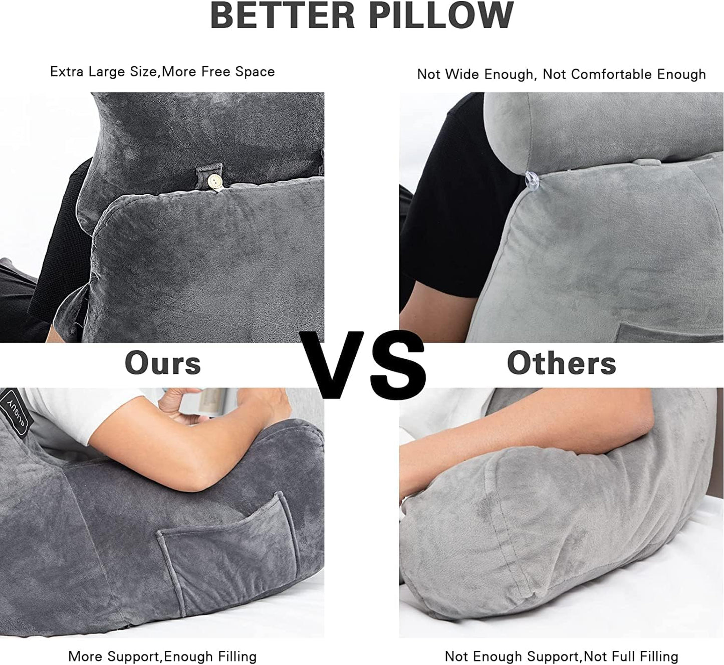 Reading Pillow-Bed Rest Pillow with Detachable Neck Roll & Higher Support Arm for Sitting in Bed Couch or Floor-Backrest Reading Pillow Adult Back Pillow for Reading/Watching TV/Gaming,Dark Grey