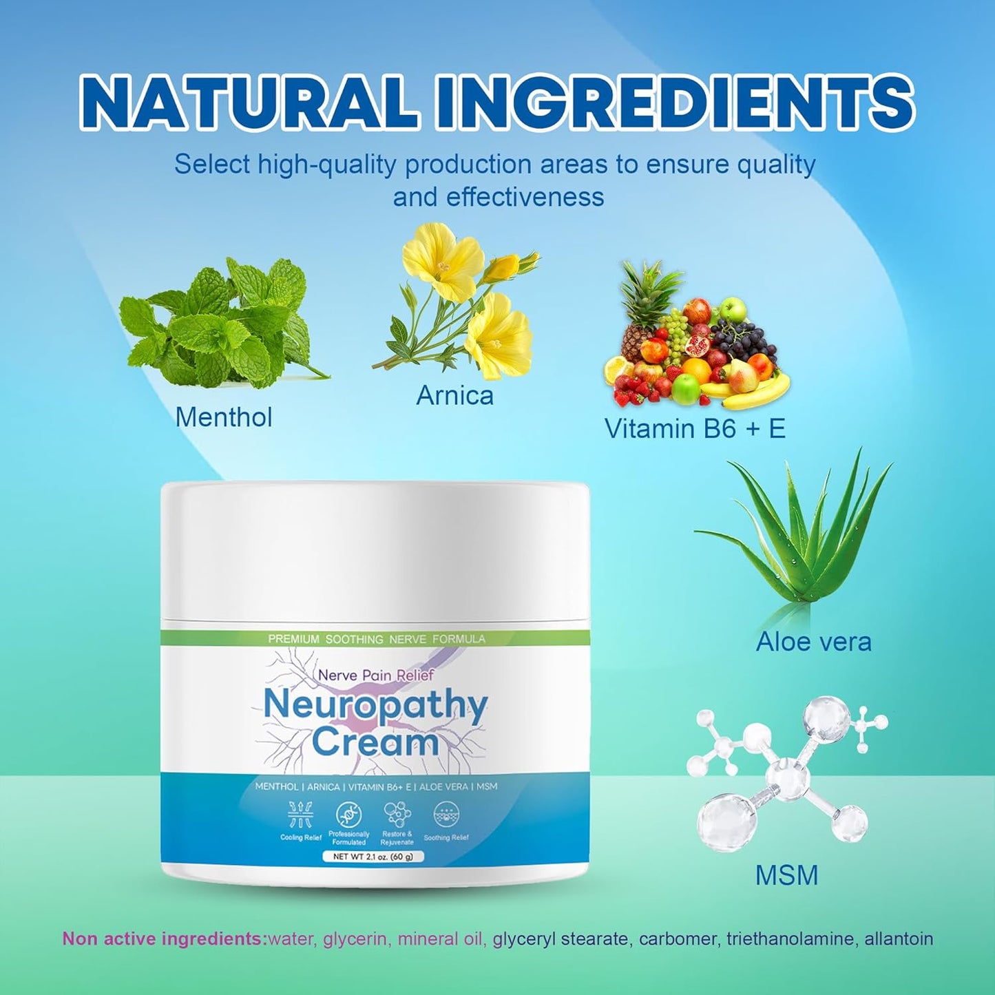 Neuropathy Pain Relief for Feet & Hands, Nerve Pain Relief Cream – Maximum Strength Neuropathy Cream with Menthol, Arnica, Vitamin B6+E, Aloe Vera & MSM – Fast-Acting (2.1 Fl Oz (Pack of 1))