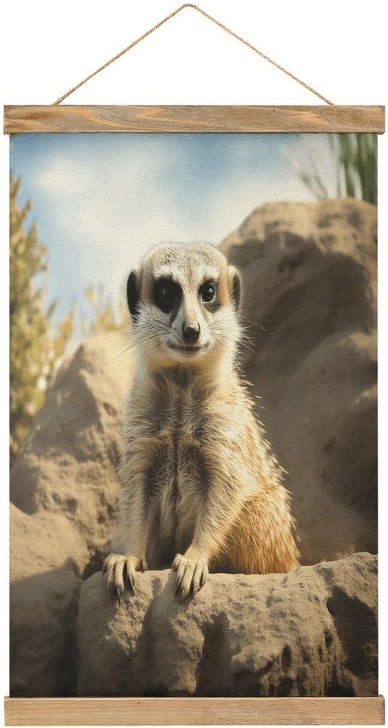 Vintage Meerkat Animal Poster with Wooden Frame Personalized Linen Hanging Scroll Painting Rustic Wall Hanging Illustrative Modern Artwork Decor for Home Living Room Bedroom Office