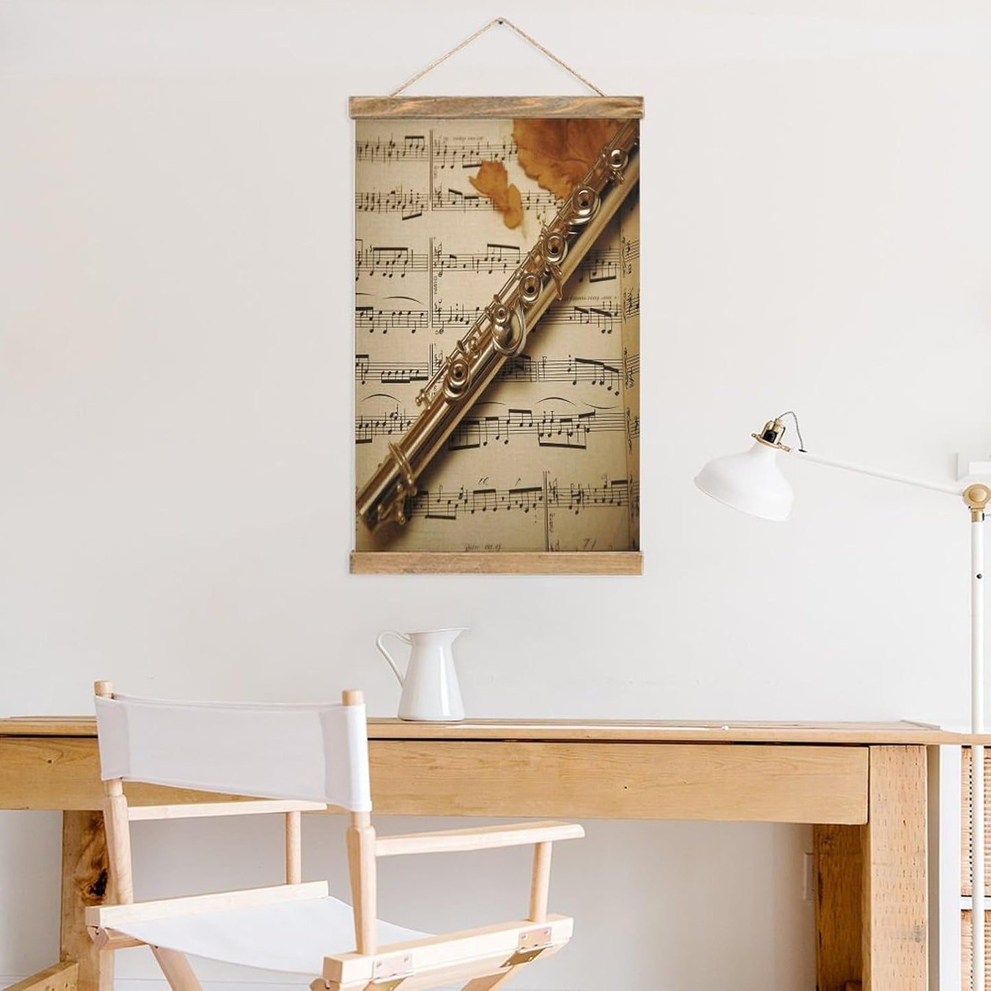 Vintage Flute Music Poster with Wooden Frame Personalized Linen Hanging Scroll Painting Rustic Wall Hanging Illustrative Modern Artwork Decor for Home Living Room Bedroom Office