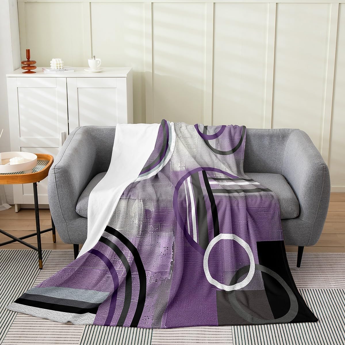 Erosebridal Purple Black Gray Throw Blanket for Sofa Queen 90x90,Grunge Oil Painting Fleece Blanket,Circles Fuzzy Blanket,Elegant Geometric Sherpa Blanket,Abstract Purple Art Bed Blanket