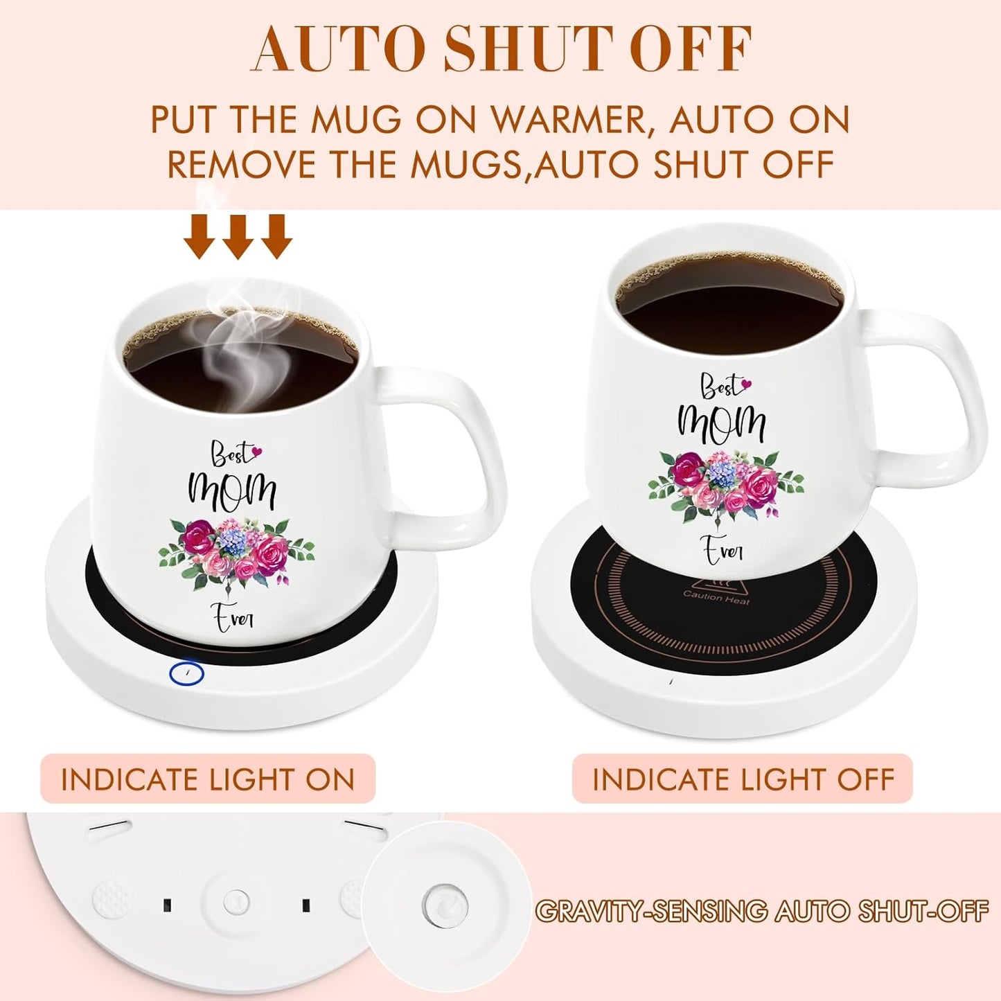 Coffee Mug Warmer, Best Mom Ever Mug, Coffee Cup Warmer for Desk, Gifts for Women, White Heated Coffee Warmer for Mom Home Office Christmas Birthday Gifts