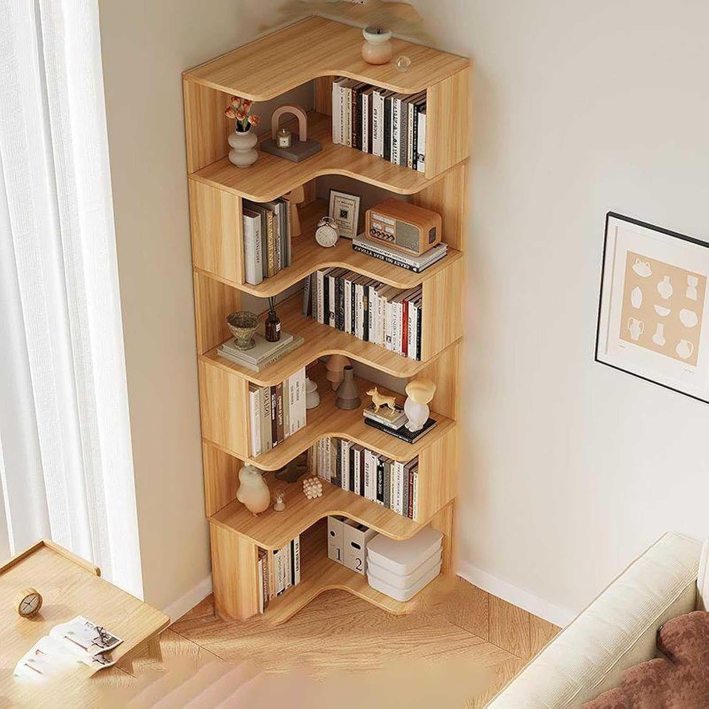 Modern Solid Wood Corner Bookshelf, 6-Tier Floor Bookcase with Open Back Design, Stylish Storage Solution for Living Room, Versatile Shelves for Books & Decor