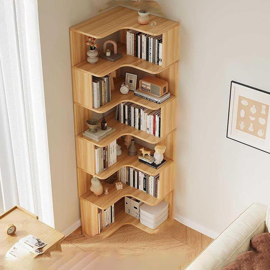 Modern Solid Wood Corner Bookshelf, 6-Tier Floor Bookcase with Open Back Design, Stylish Storage Solution for Living Room, Versatile Shelves for Books & Decor