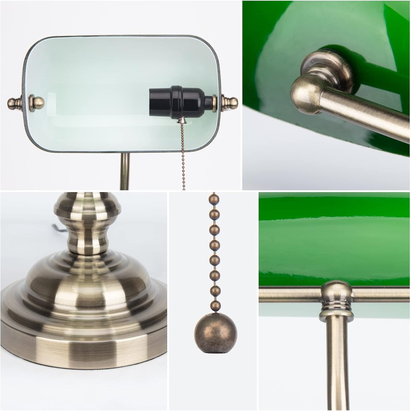 Green Glass Bankers Desk Lamp,Antique Desk Lamps with Brass Base, Traditional Library Lamp with Pull Chain, E26 Base, Vintage Desk Lamp for Office, Study Room