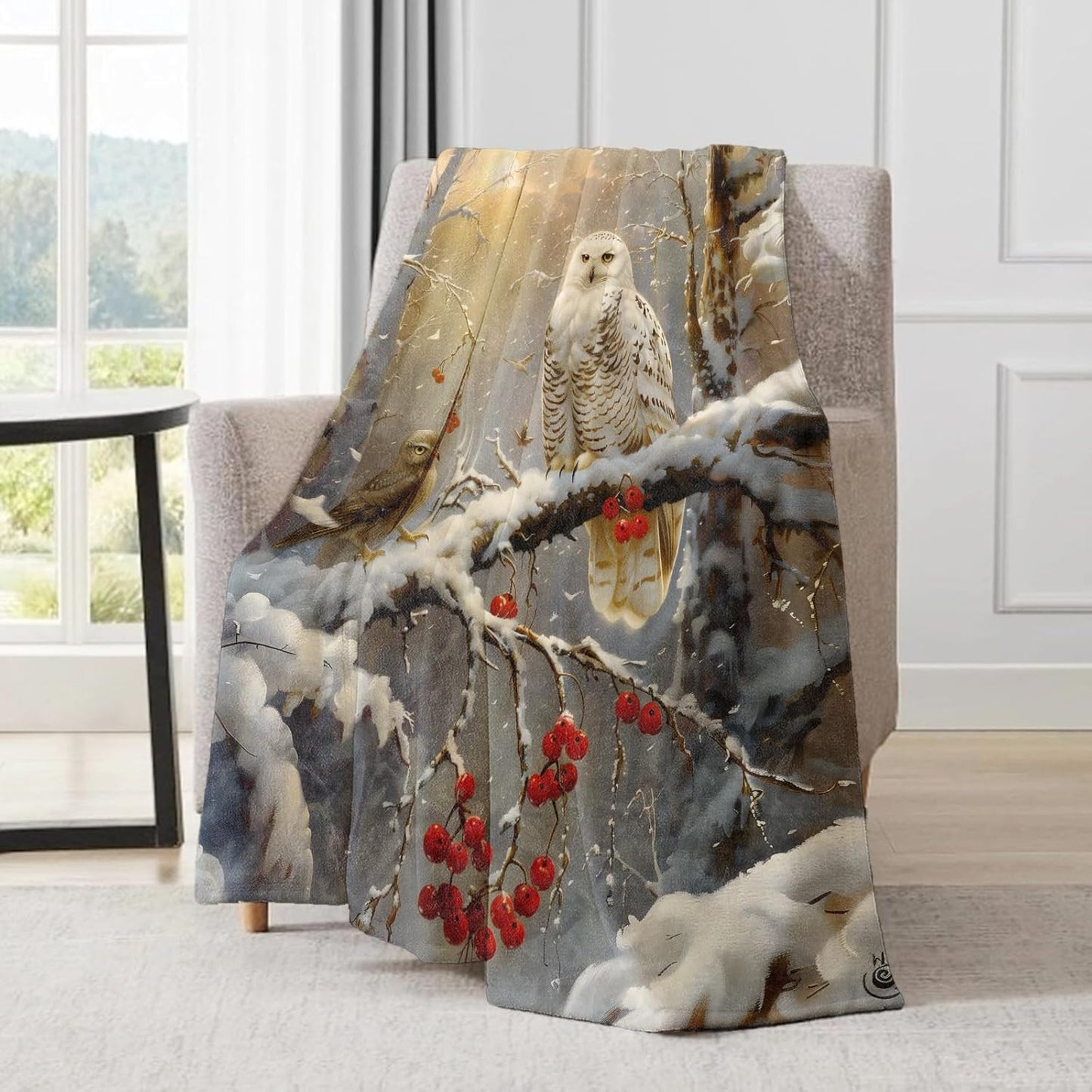 Winter Owl Blanket - Elegant Snowy Forest Scene Fleece Throw,Gifts for Women Men, Soft & Warm,Lightweight, for Farmhouse Modern Decor, Nature Lovers, and Room Home Accents 40x50in