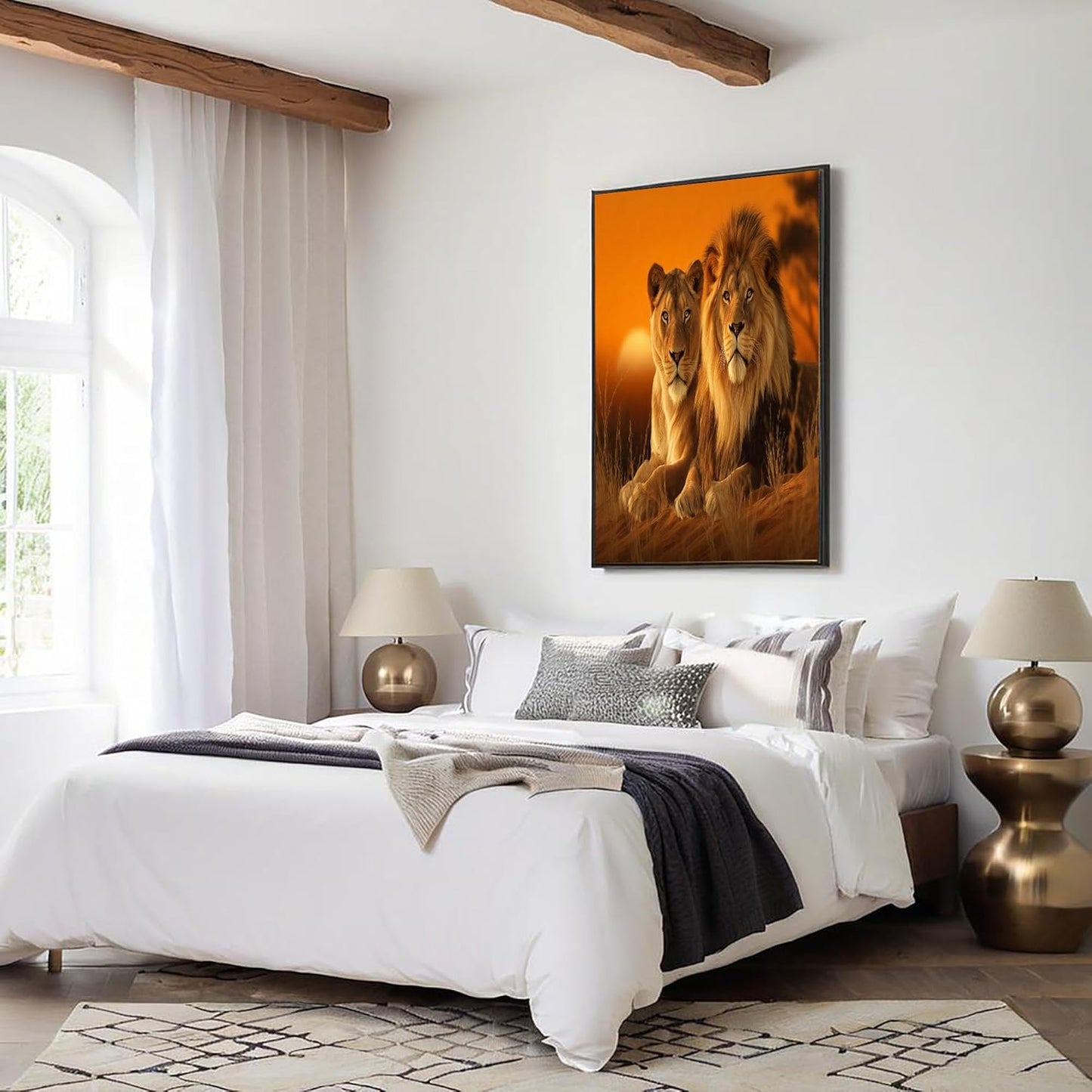 GDJSMIN Realistic Art Style Wall Art, Orange Sunset Lion Poster For Reading Room Living Room Decor 24 X 36 Inch Unframed