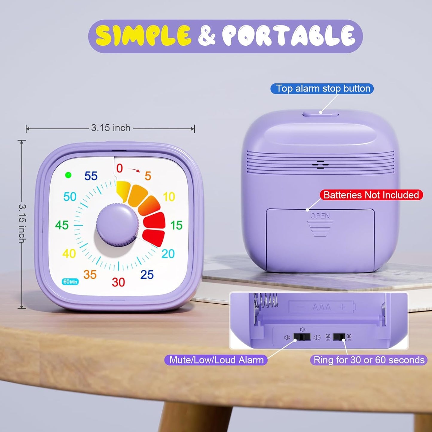 Visual Timer for Kids & Adults – 60-Minute Countdown Timer with Colorful Dial – Time Management Tool for Classroom, Homework, Cooking, and Productivity with Silent Operation