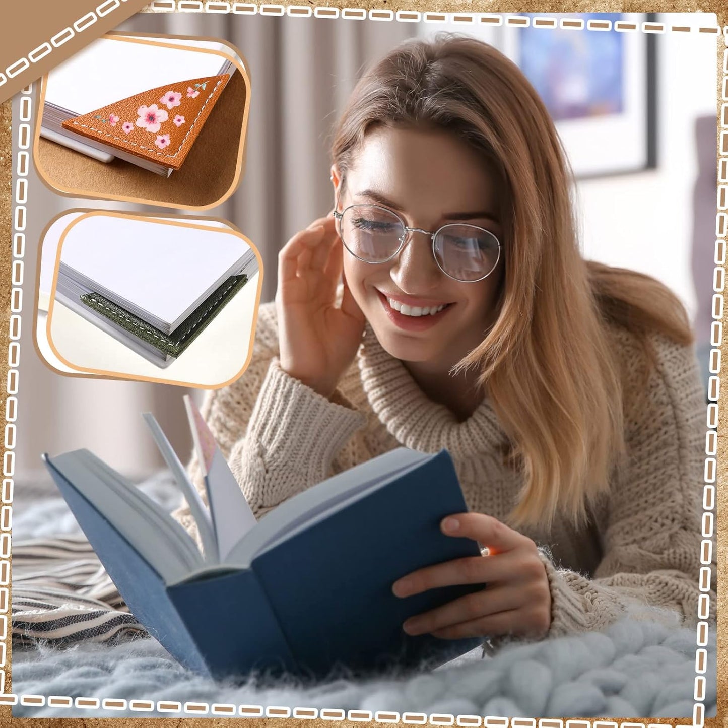 12 Leather Corner Bookmark Book Club Gifts for Women Accessories for Reading Books Lover Cute Book Reading Gifts Lovers Floral Print Triangle Bookmark(Flower)