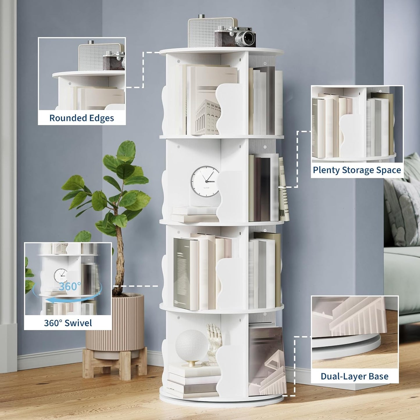 Rotating Bookshelf, 360 Display Spinning Bookshelf Tower, 4 Tier Floor Standing Bookcase Storage Rack, Revolving Bookcase Wood Narrow Book Shelf Organizer for Small Space, Bedroom, Living Room, White