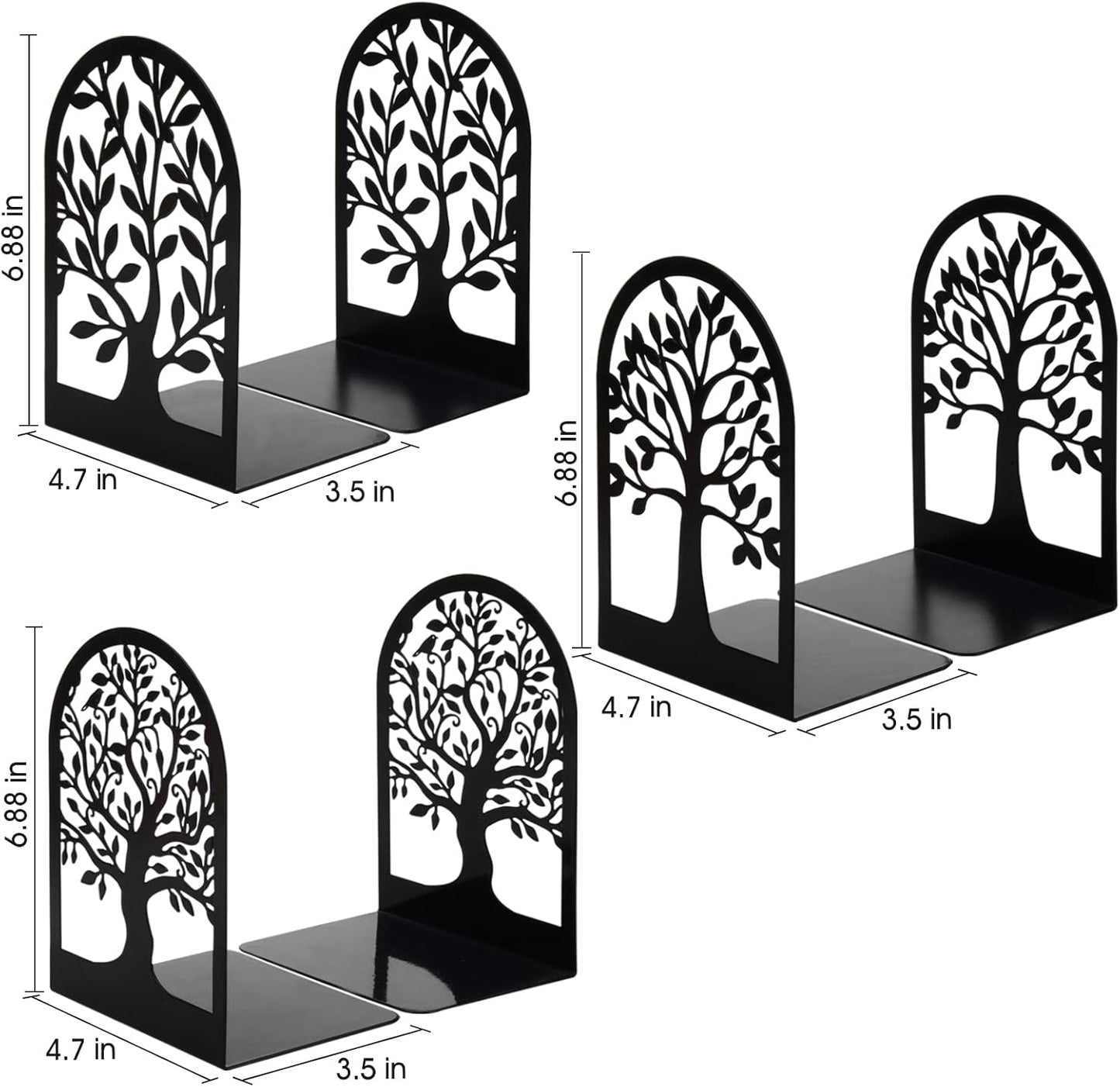 HappyHapi Book Ends, Metal Bookends for Shelves Decorative, Tree Stopper for Heavy Books, Black Ends to Hold Books for Home Office, 6.5 X 4.7 X 3.5 Inch(3 Pairs/6 Pcs, Large)