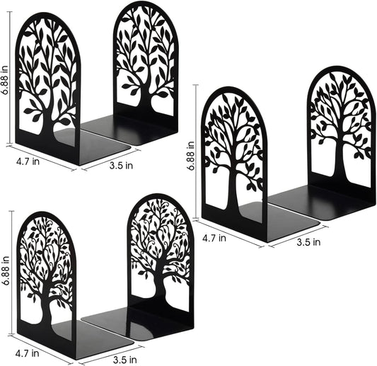 HappyHapi Book Ends, Metal Bookends for Shelves Decorative, Tree Stopper for Heavy Books, Black Ends to Hold Books for Home Office, 6.5 X 4.7 X 3.5 Inch(3 Pairs/6 Pcs, Large)