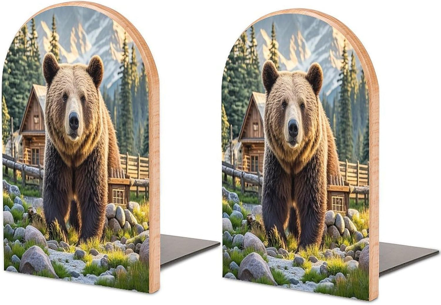 Rustic Lodge Bear Bookends 1 Pair Heavy Duty Book Ends for Shelves Non-Skid Bookend Supports Wooden Book Holders with Metal Base Desk Organizers Books Storage to Hold Books