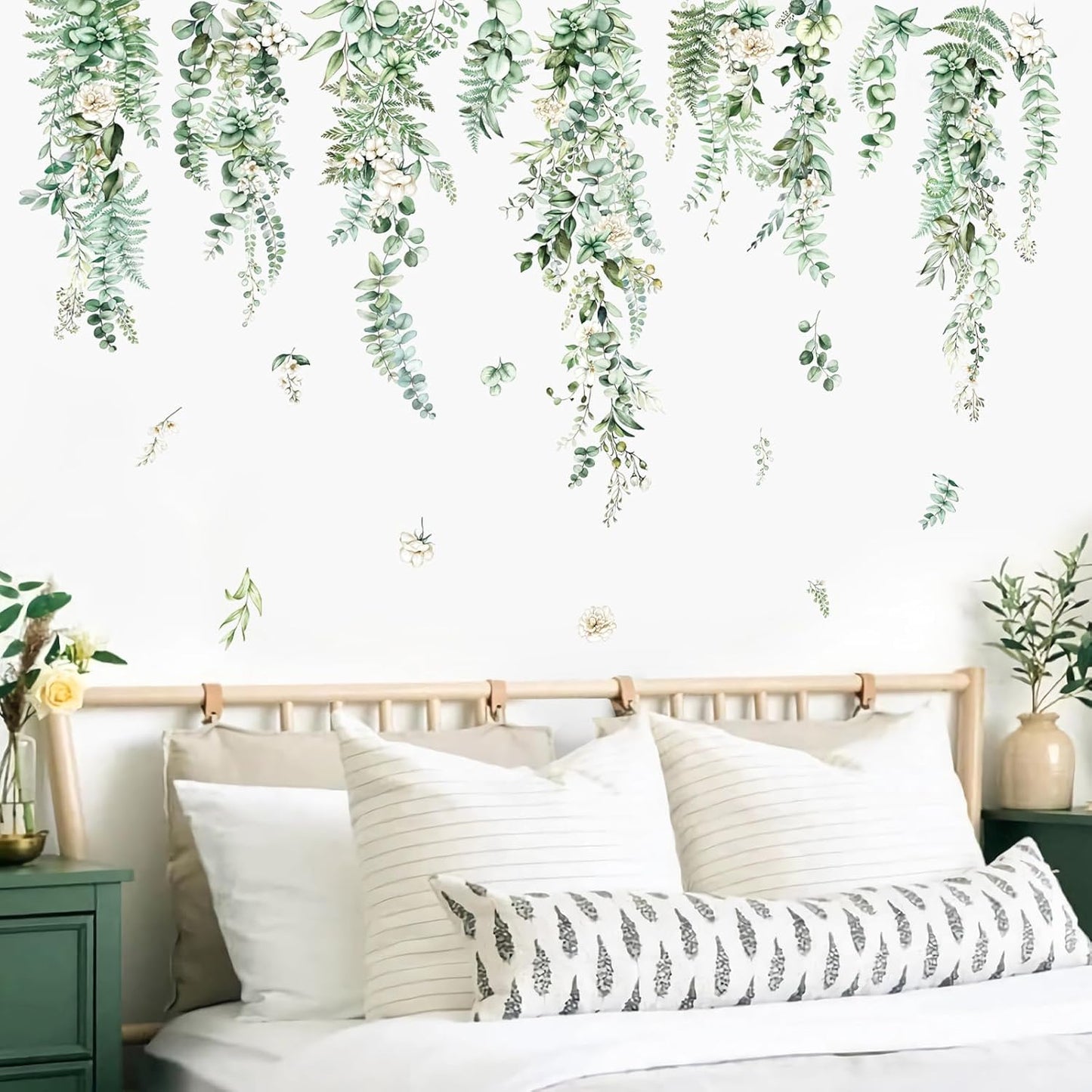 decalmile Large Hanging Vines Wall Decals Green Plants Tropical Leaves Flower Wall Stickers Bedroom Living Room Sofa TV Background Wall Decor