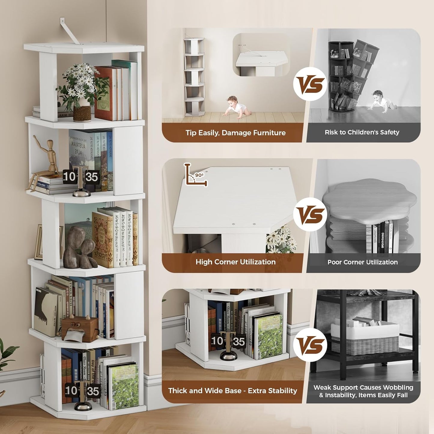 5 Tier Square Bookshelf Tower, Floor Standing Corner Bookshelf Modern Organizer Storage Display Rack for Home Office Living Room Study, Small Spaces