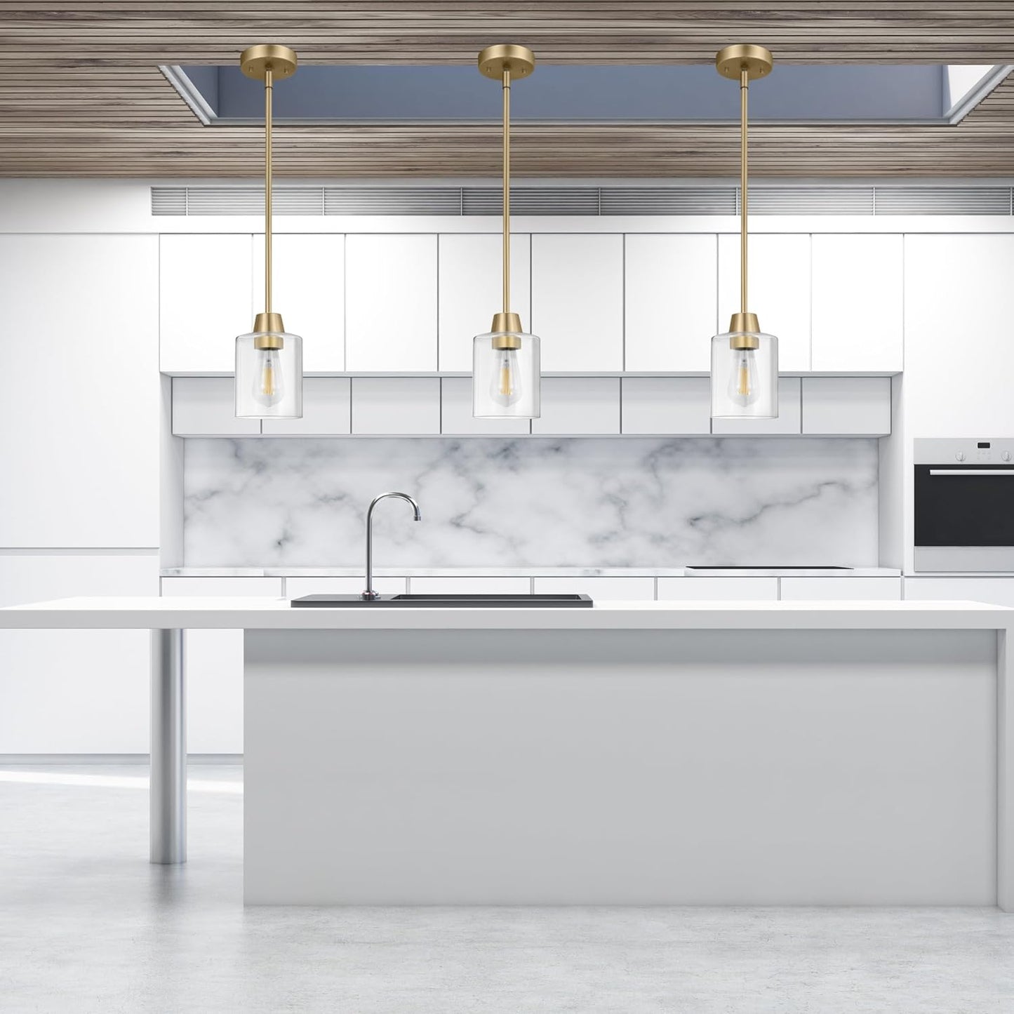 3 Pack 1 Light Brass Pendant Lights Kitchen Island, Gold Modern Chandelier Clear Glass Shade, Adjustable Multiple Stems Rods Hanging Farmhouse E26 Socket Light for Dining Room Bedroom Bar