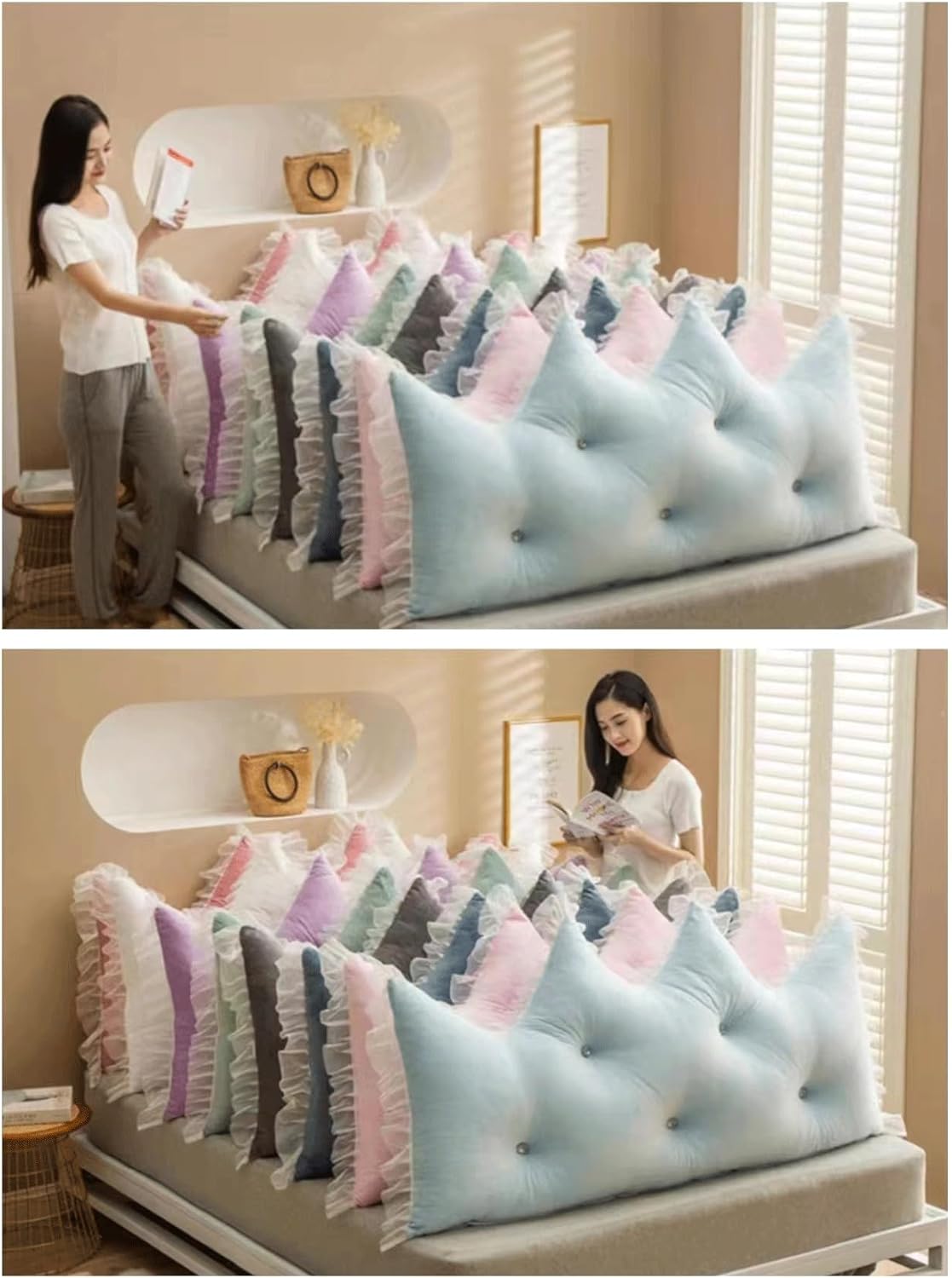 Large Wedge Headboard Pillow Velvet Backrest Pillows for Sitting in Bed Back Positioning Support Removable Daybed Bunk Bed Reading Pillow(Size:59"/150cm,Color:E)